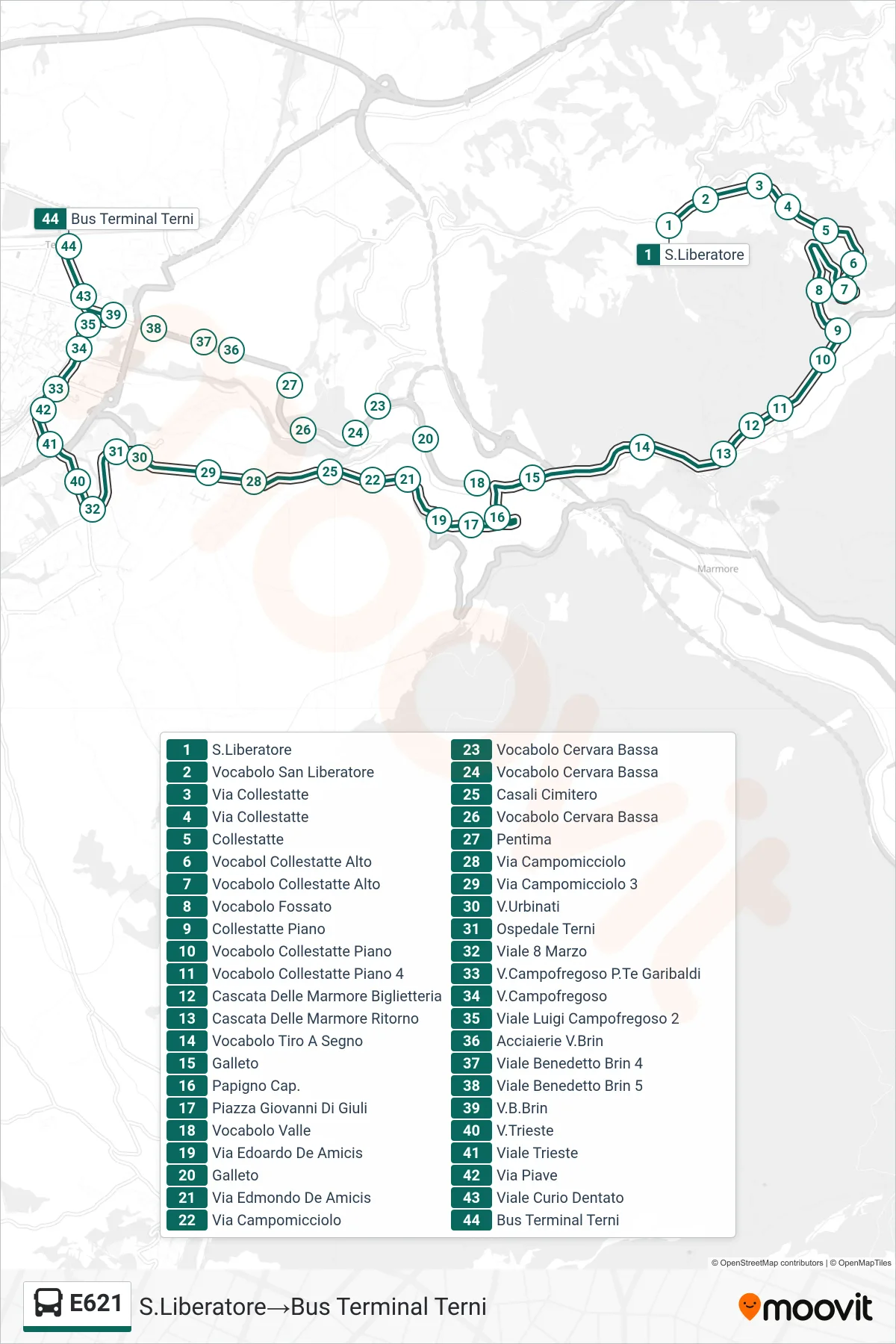 Linea E621 bus (S.Liberatore→Bus Terminal Terni) - Percorsi e fermate sulla mappa