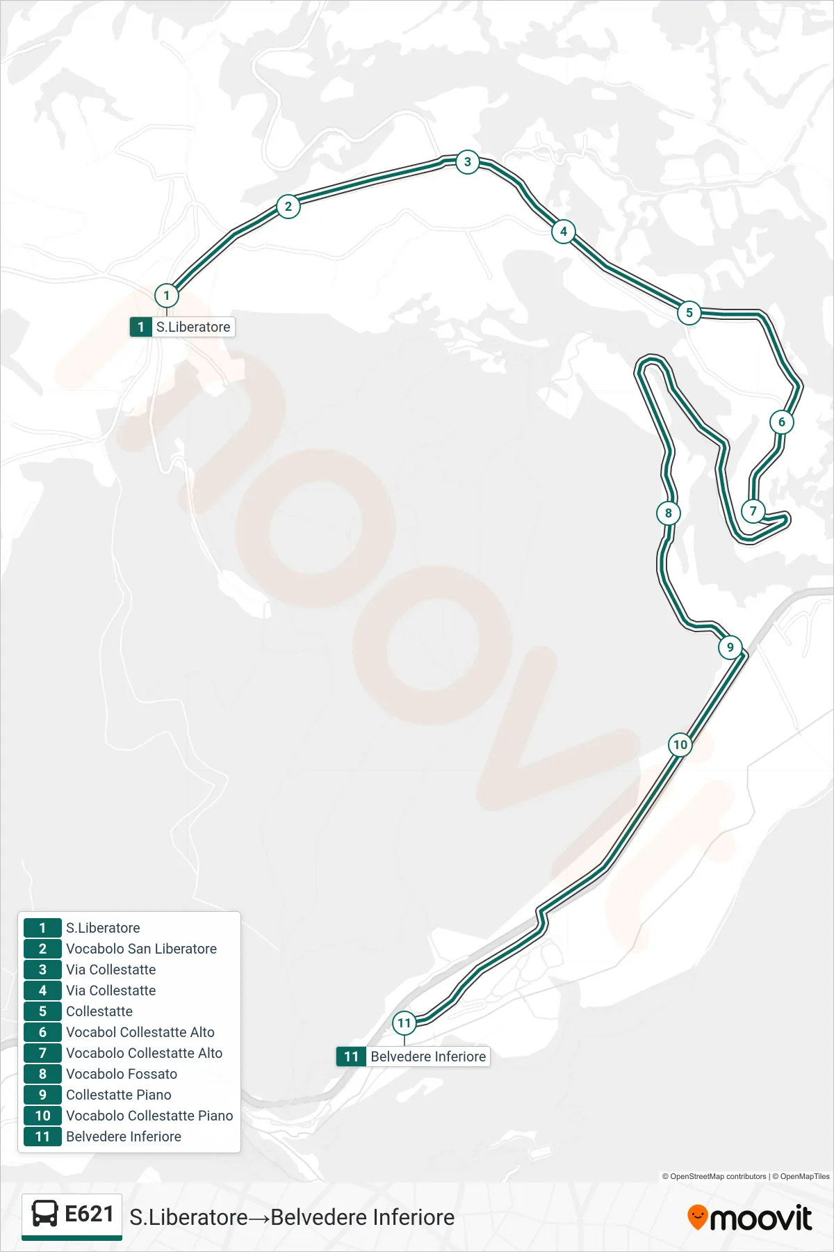 E621 bus Line (San Liberatore‎→Lower Belvedere) route and stops on a map