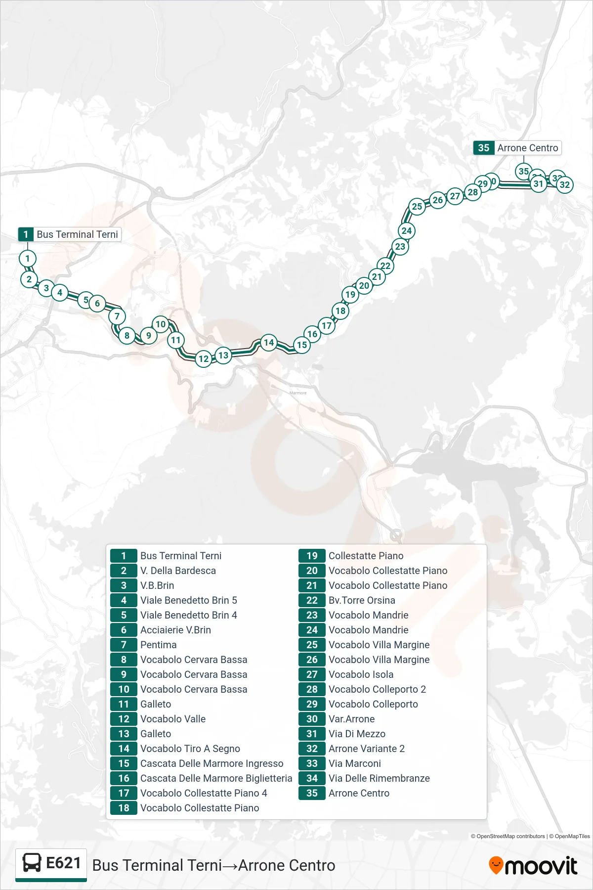 Linea E621 bus (Bus Terminal Terni→Arrone Centro) - Percorsi e fermate sulla mappa