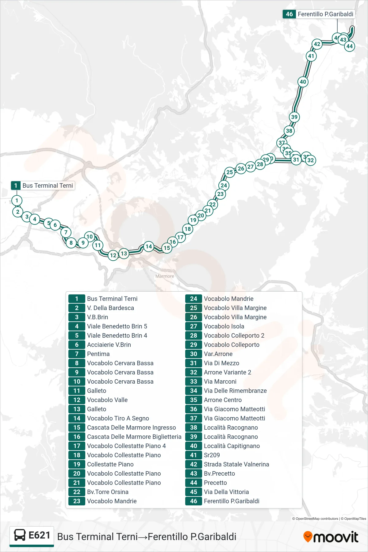 Linea E621 bus (Bus Terminal Terni→Ferentillo P.Garibaldi) - Percorsi e fermate sulla mappa