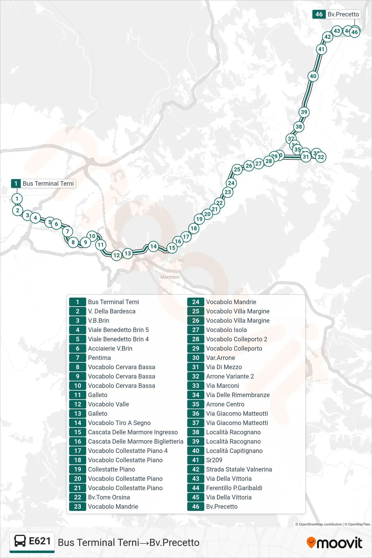 Linea E621 bus (Bus Terminal Terni→Bv.Precetto) - Percorsi e fermate sulla mappa