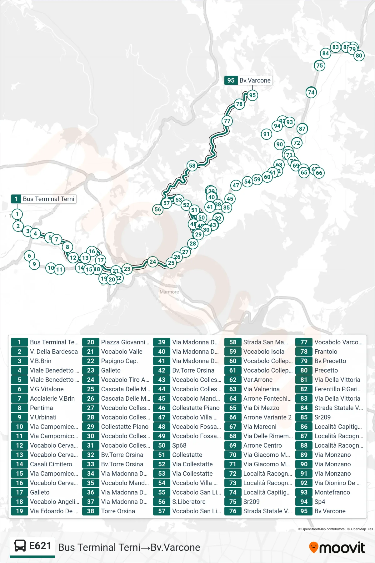 Linea E621 bus (Bus Terminal Terni→Bv.Varcone) - Percorsi e fermate sulla mappa