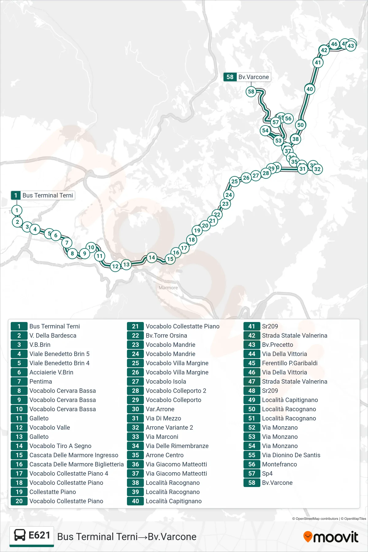 Linea E621 bus (Bus Terminal Terni→Bv.Varcone) - Percorsi e fermate sulla mappa
