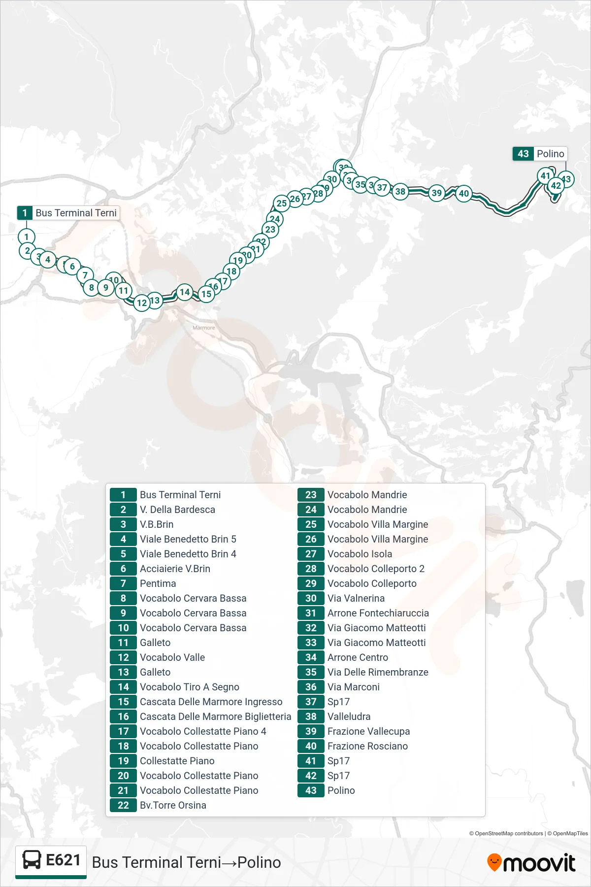 Linea E621 bus (Bus Terminal Terni→Polino) - Percorsi e fermate sulla mappa