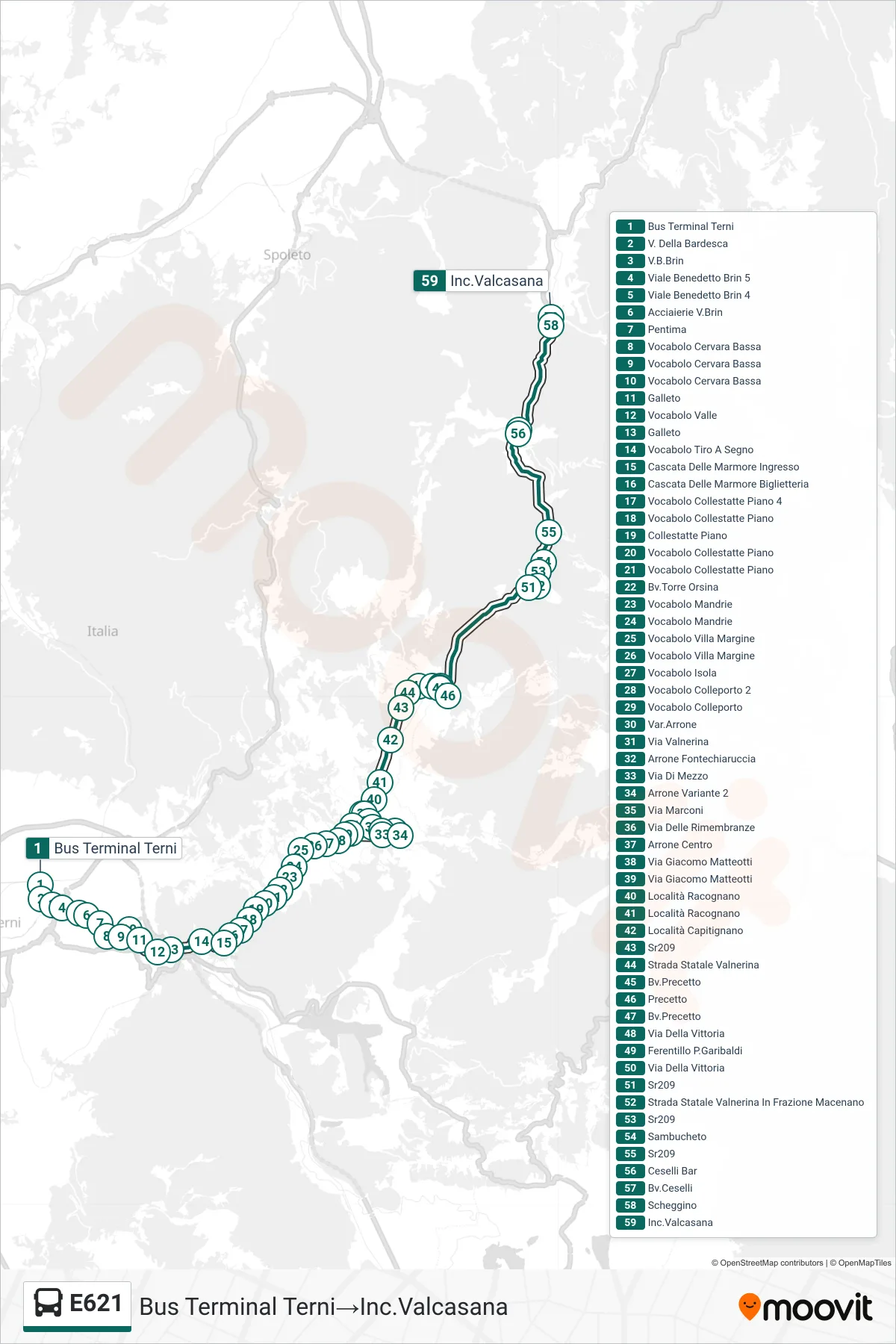 Linea E621 bus (Bus Terminal Terni→Inc.Valcasana) - Percorsi e fermate sulla mappa