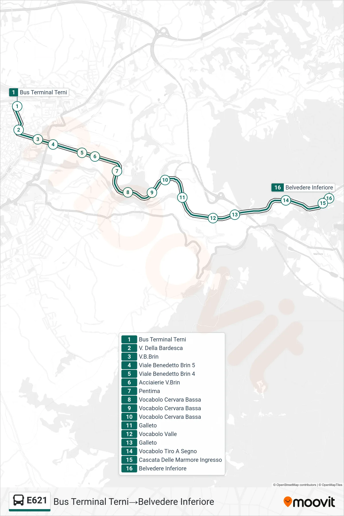 E621 bus Line (Bus Terminal Terni‎→Lower Belvedere) route and stops on a map