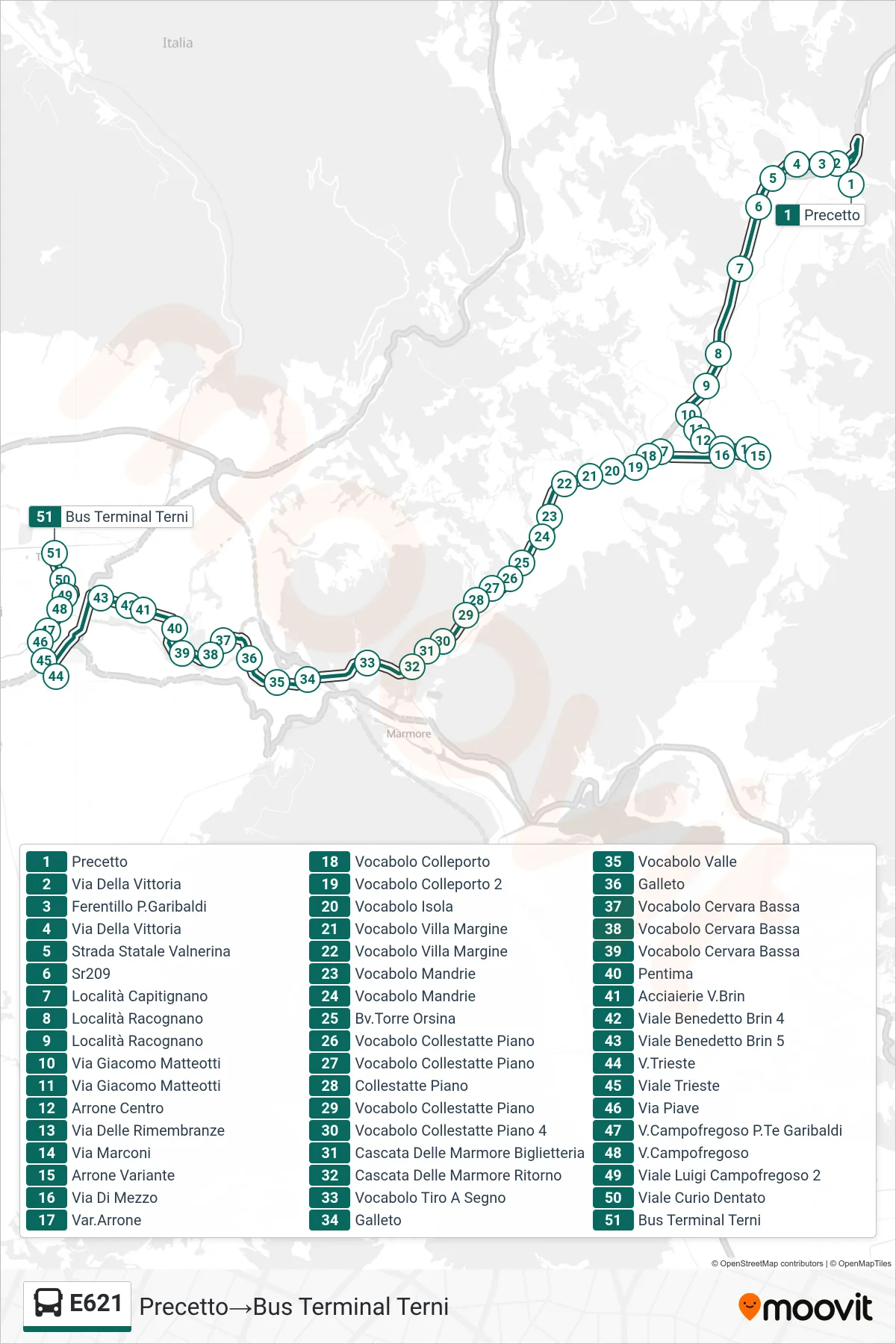Linea E621 bus (Precetto→Bus Terminal Terni) - Percorsi e fermate sulla mappa