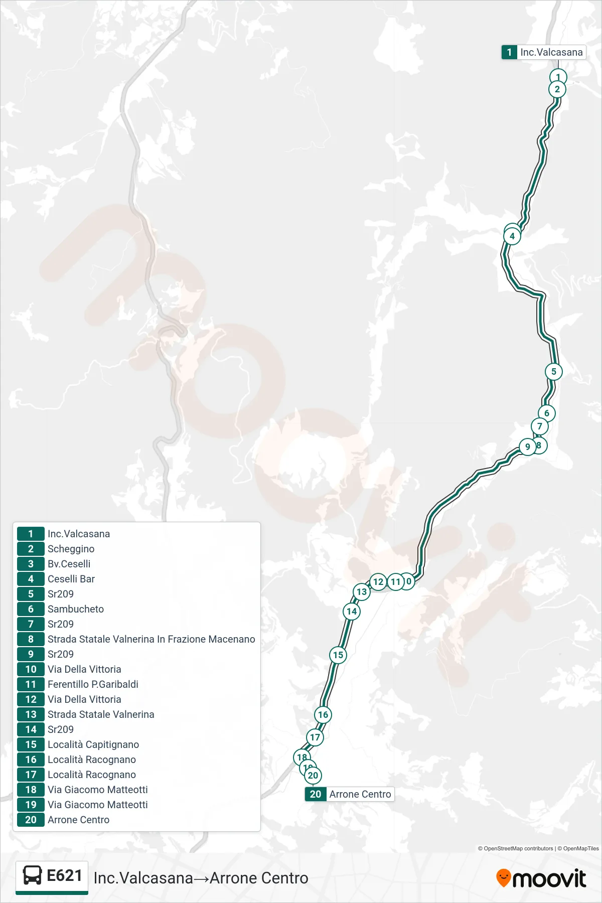 Linea E621  bus (Inc.Valcasana‎→Arrone Centro) - Percorsi e fermate sulla mappa