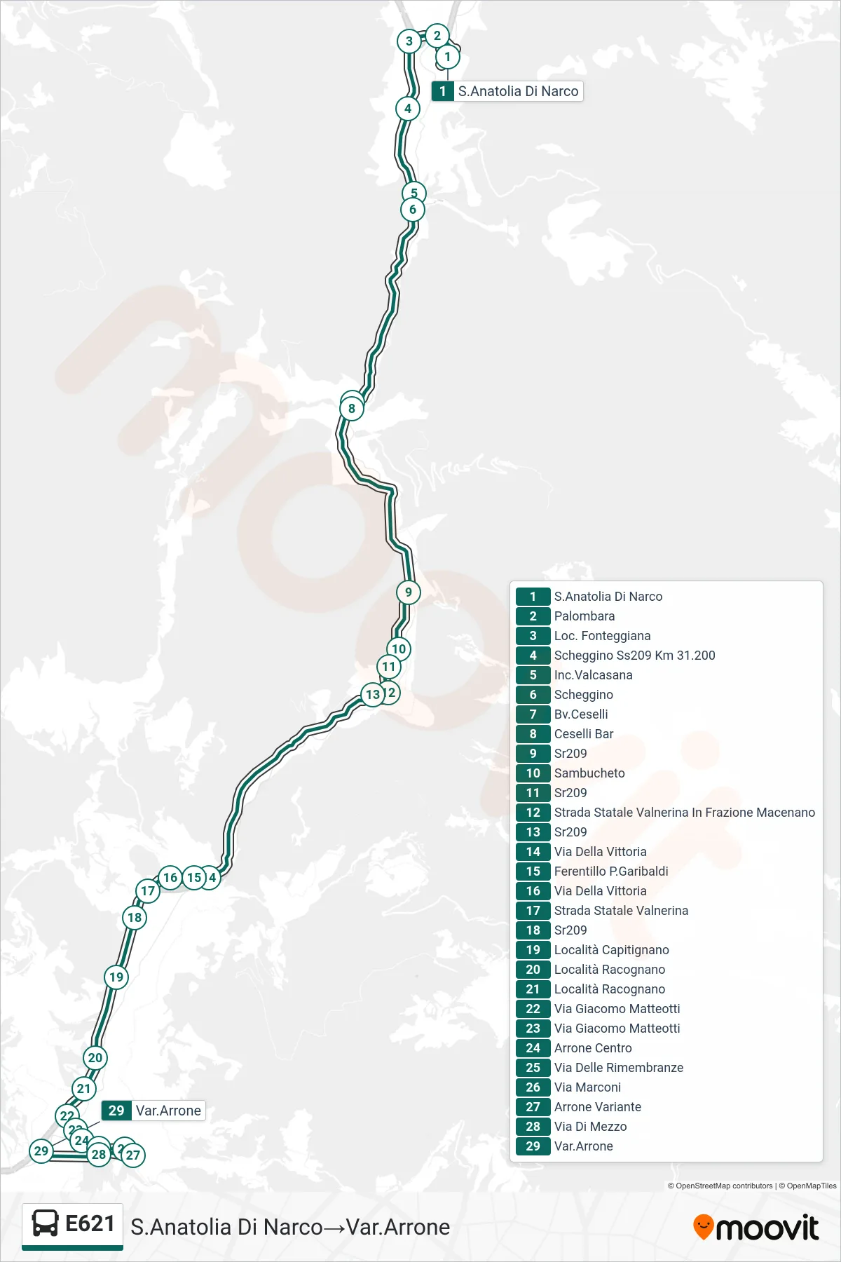 Linea E621 bus (S.Anatolia Di Narco→Var.Arrone) - Percorsi e fermate sulla mappa