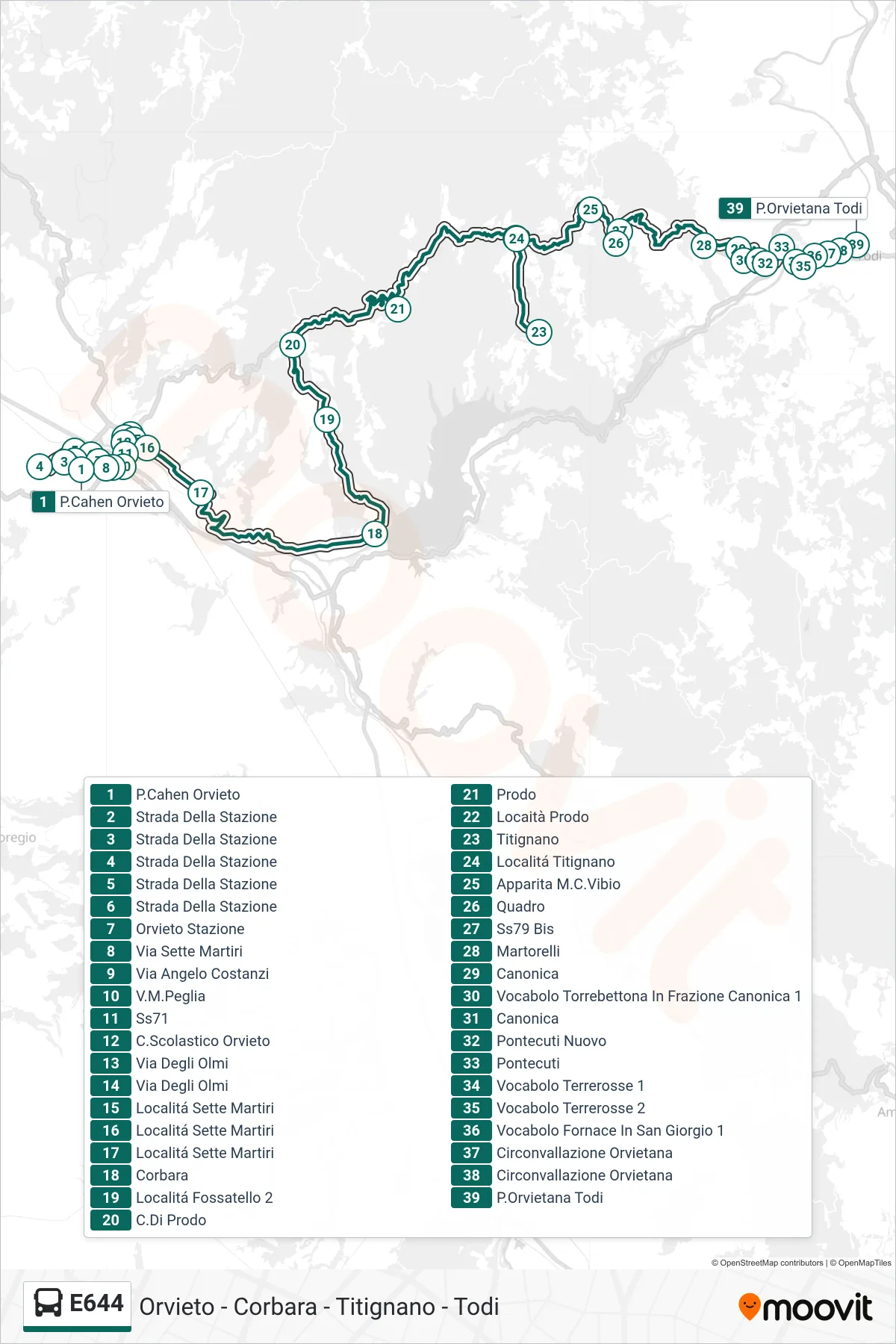 Linea E644 bus (P.Cahen Orvieto→P.Orvietana Todi) - Percorsi e fermate sulla mappa
