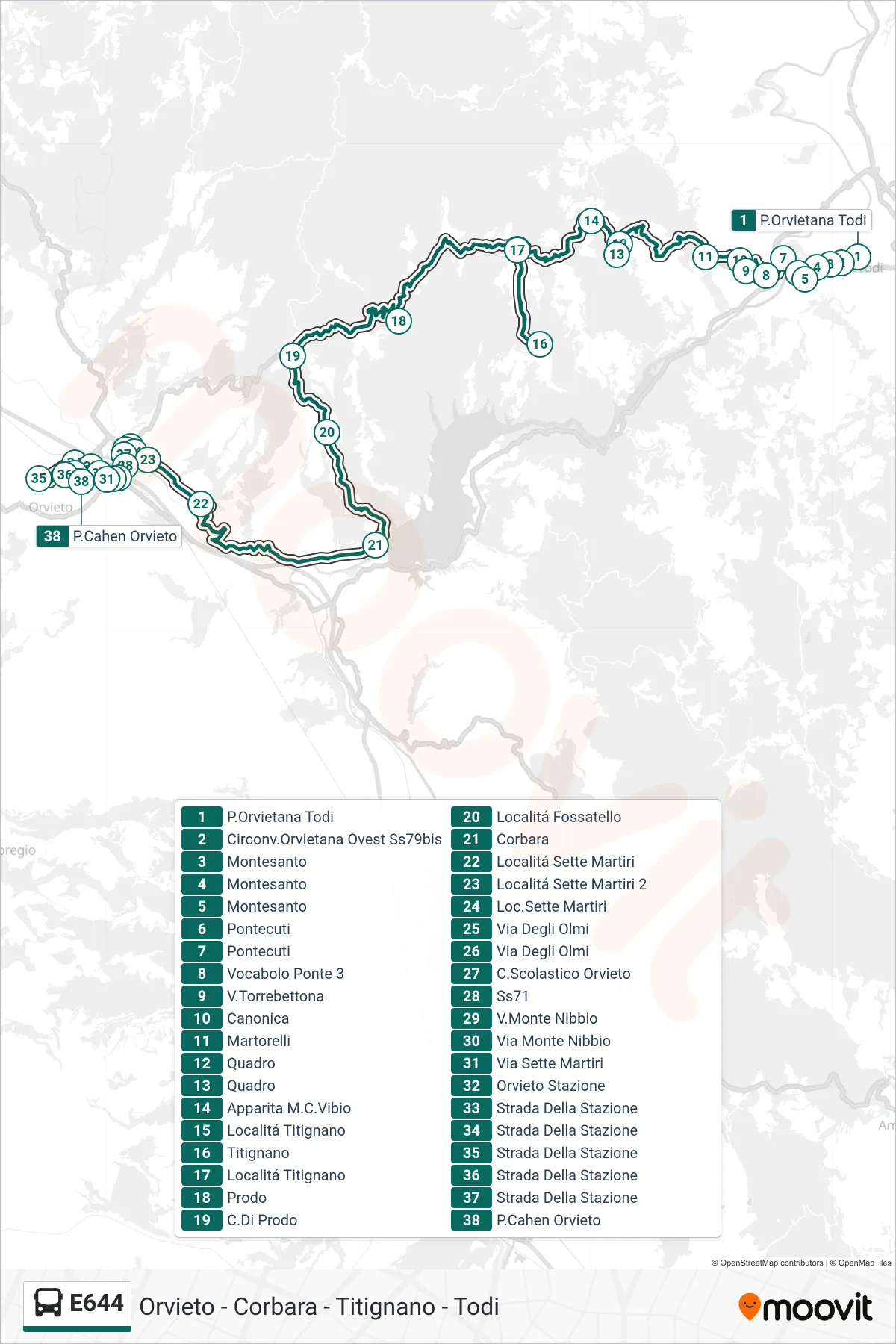 Linea E644 bus (P.Orvietana Todi→P.Cahen Orvieto) - Percorsi e fermate sulla mappa
