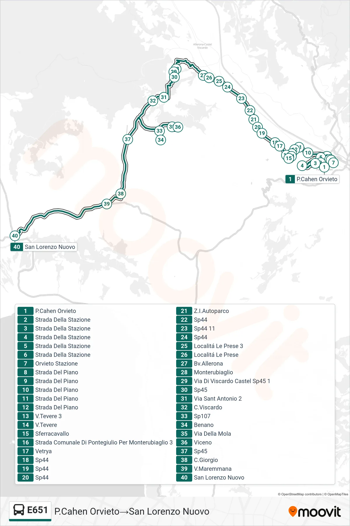 Linea E651 bus (P.Cahen Orvieto→San Lorenzo Nuovo) - Percorsi e fermate sulla mappa