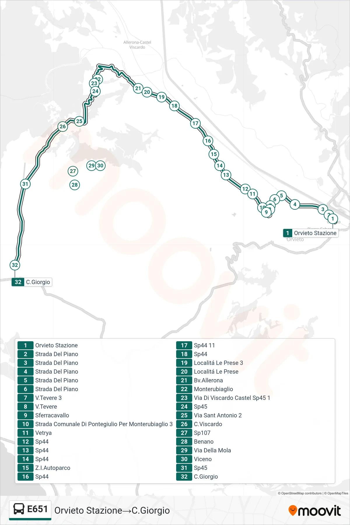 Linea E651  bus (Orvieto Stazione‎→C.Giorgio) - Percorsi e fermate sulla mappa