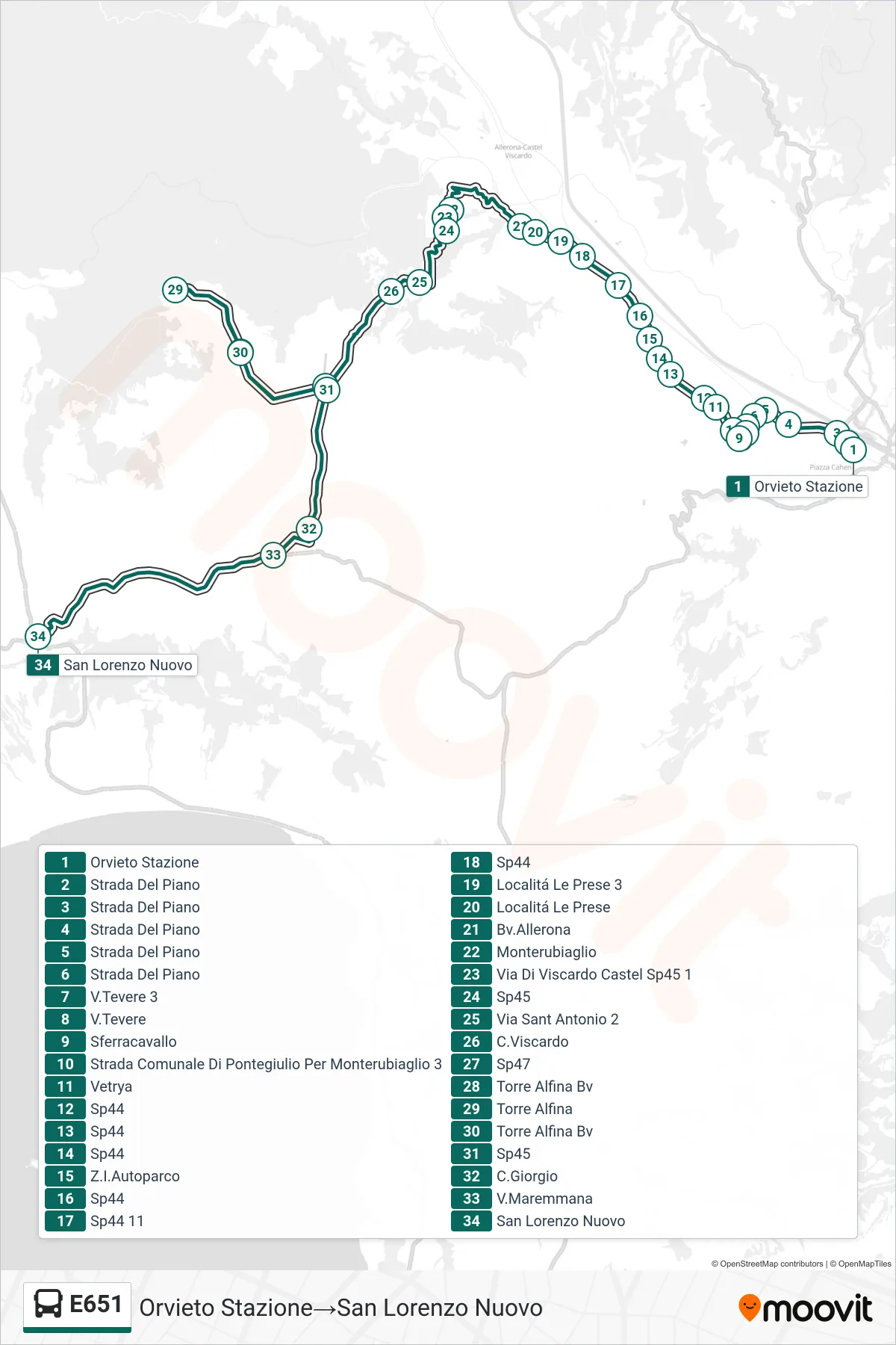 Linea E651 bus (Orvieto Stazione→San Lorenzo Nuovo) - Percorsi e fermate sulla mappa