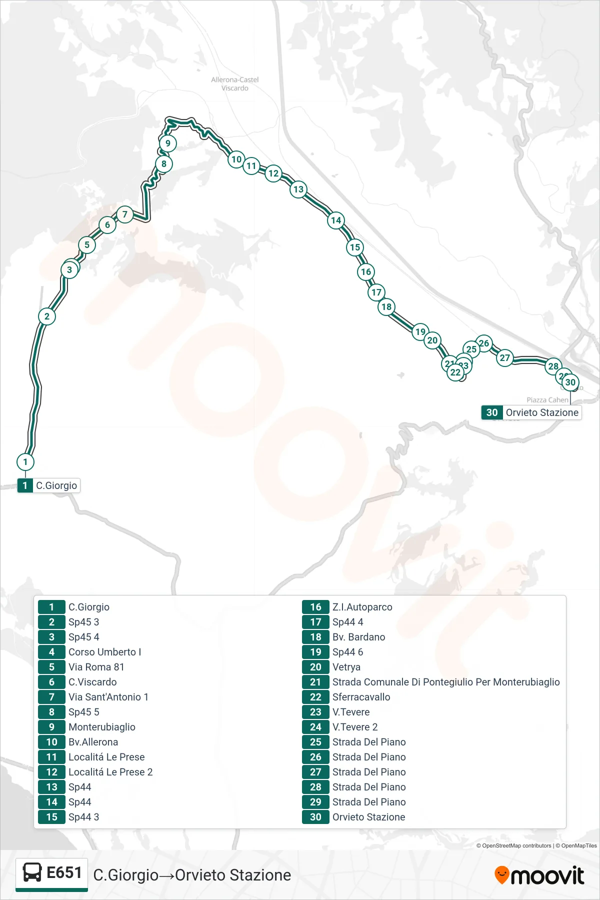 Linea E651 bus (C.Giorgio→Orvieto Stazione) - Percorsi e fermate sulla mappa