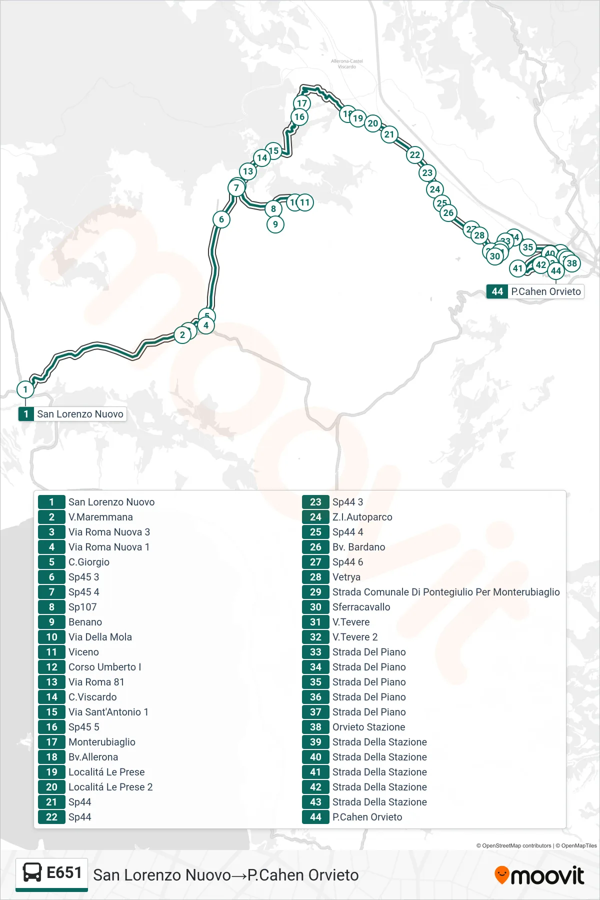 Linea E651  bus (San Lorenzo Nuovo‎→P.Cahen Orvieto) - Percorsi e fermate sulla mappa