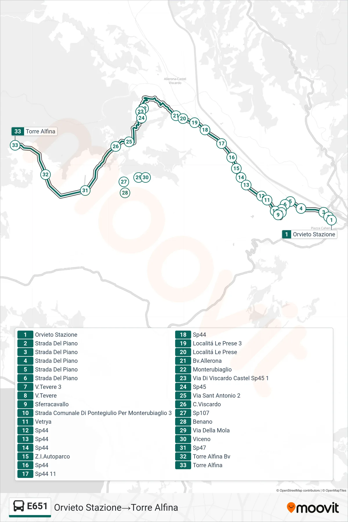Linea E651  bus (Orvieto Stazione‎→Torre Alfina) - Percorsi e fermate sulla mappa