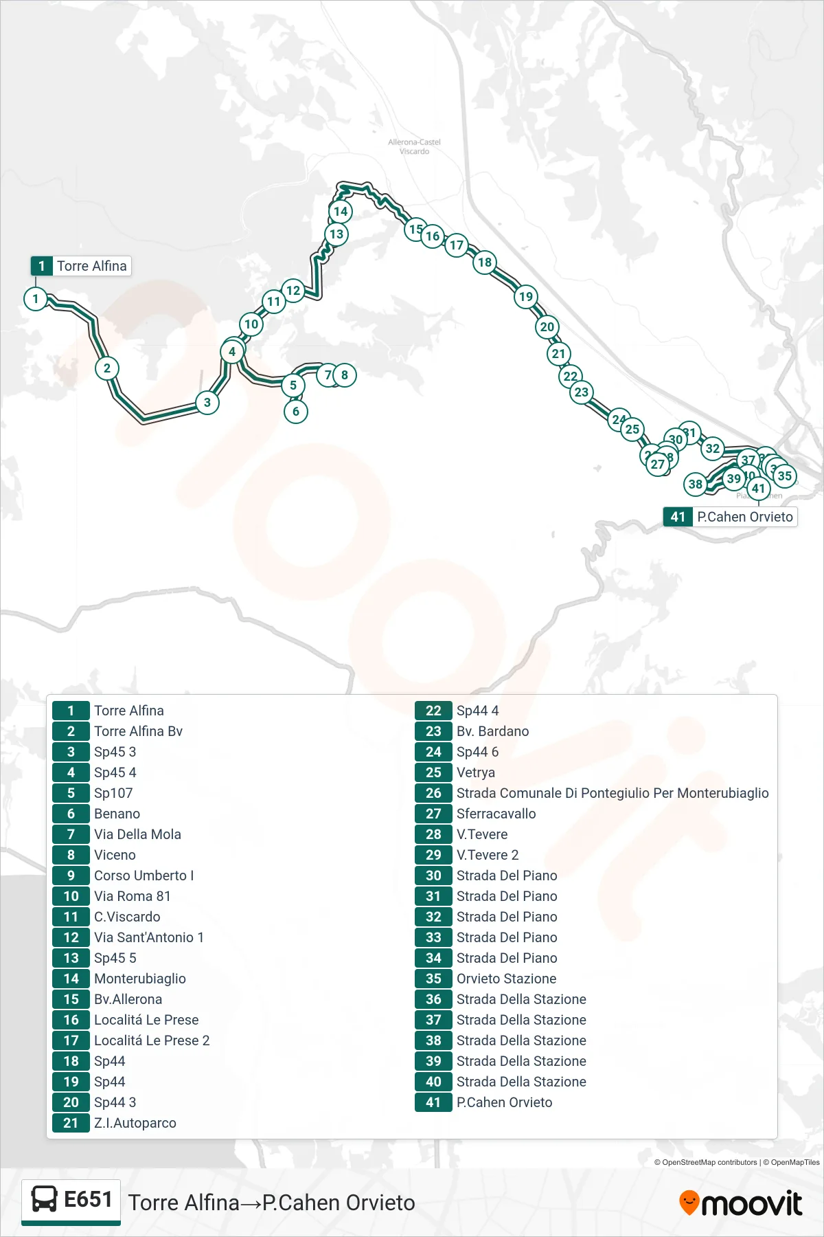 Linea E651  bus (Torre Alfina‎→P.Cahen Orvieto) - Percorsi e fermate sulla mappa