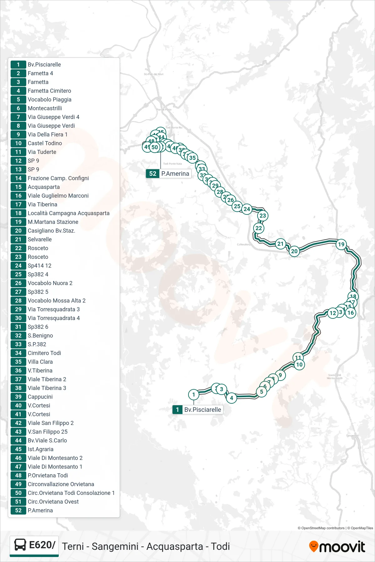Linea E620/ bus (Bv.Pisciarelle→P.Amerina) - Percorsi e fermate sulla mappa