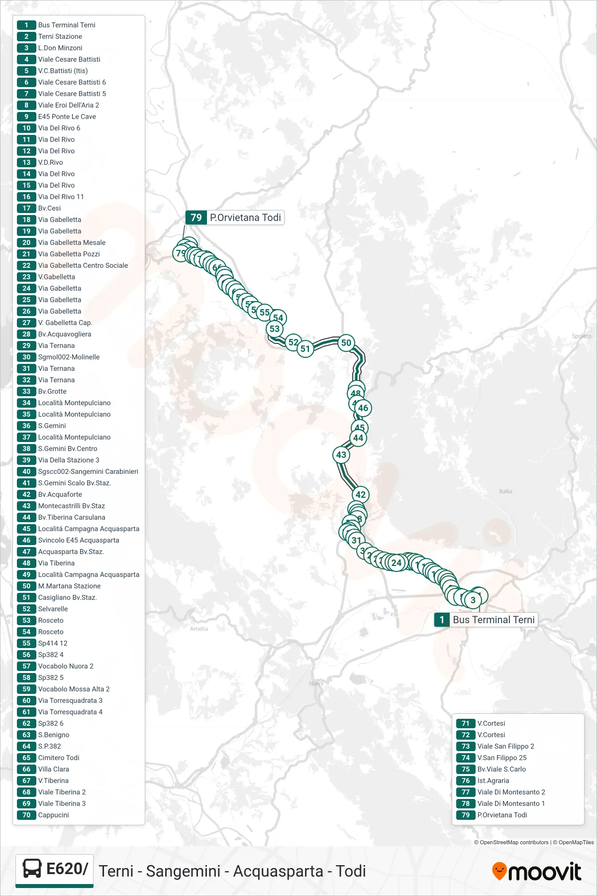 Linea E620/ bus (Bus Terminal Terni→P.Orvietana Todi) - Percorsi e fermate sulla mappa