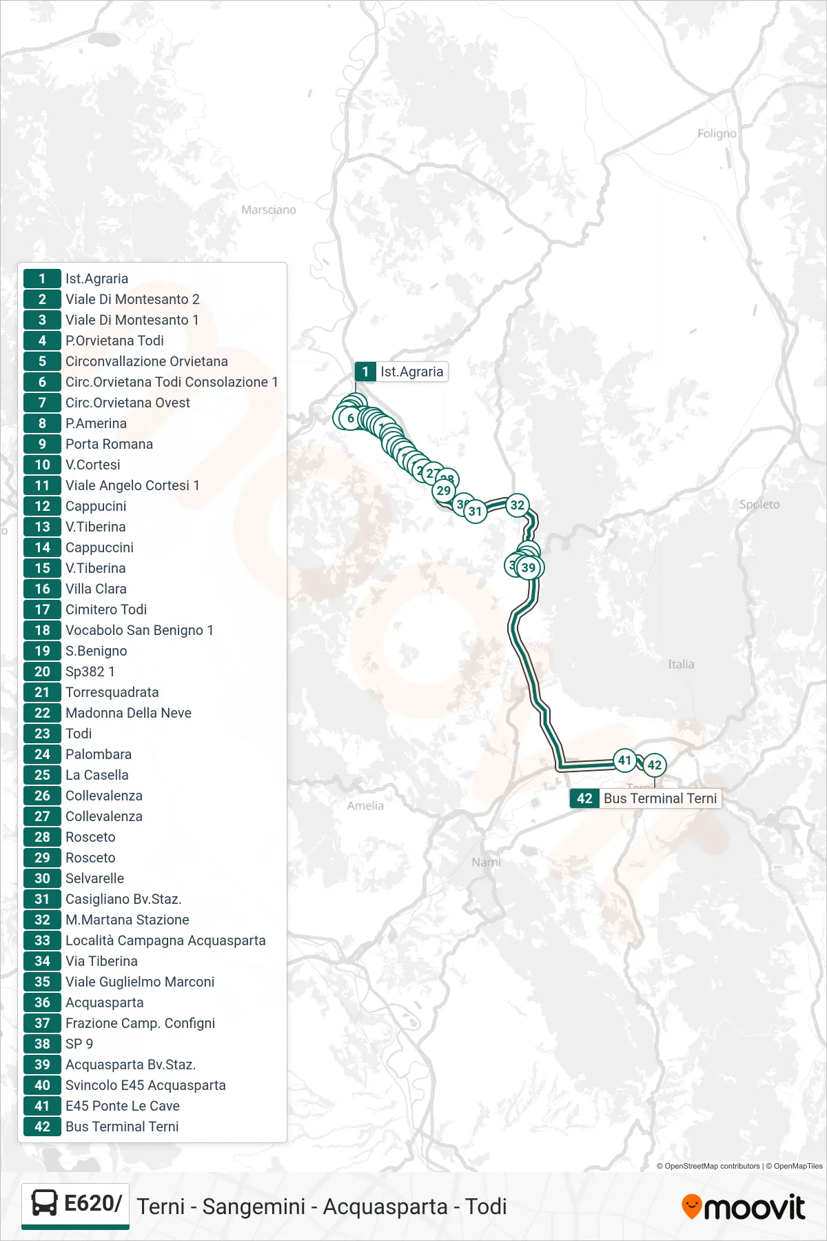 Linea E620/  bus (Ist.Agraria‎→Bus Terminal Terni) - Percorsi e fermate sulla mappa