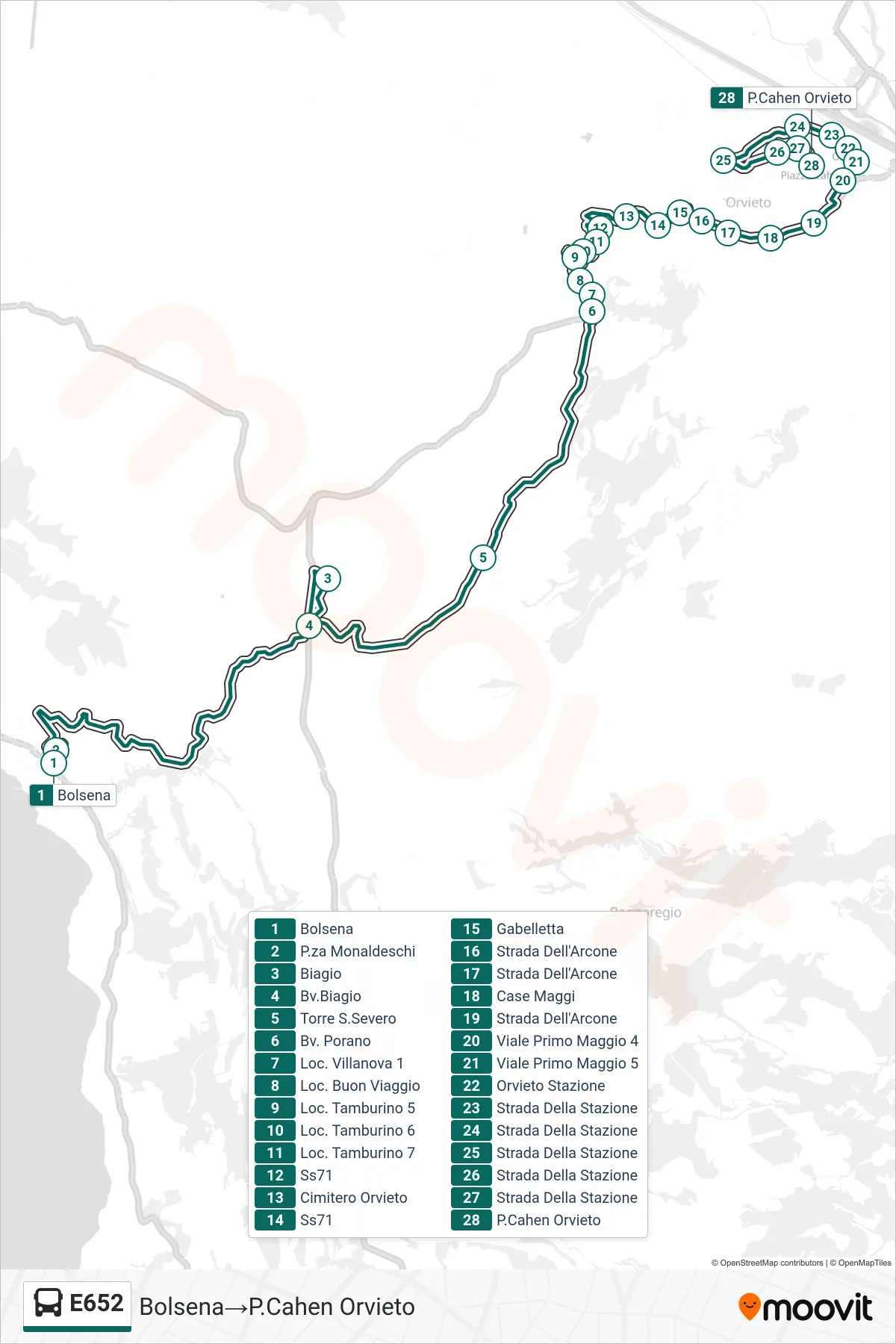 Linea E652 bus (Bolsena→P.Cahen Orvieto) - Percorsi e fermate sulla mappa