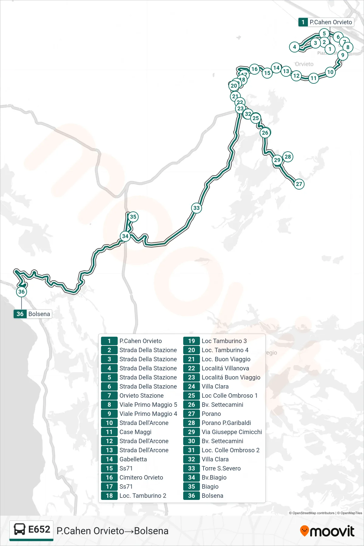 Linea E652 bus (P.Cahen Orvieto→Bolsena) - Percorsi e fermate sulla mappa
