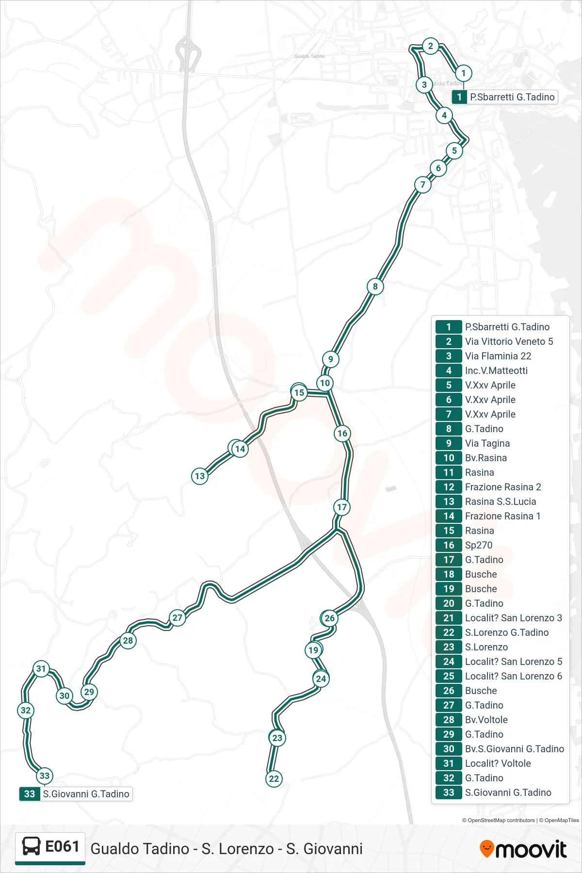 Linea E061  bus (P.Sbarretti G.Tadino‎→S.Giovanni G.Tadino) - Percorsi e fermate sulla mappa