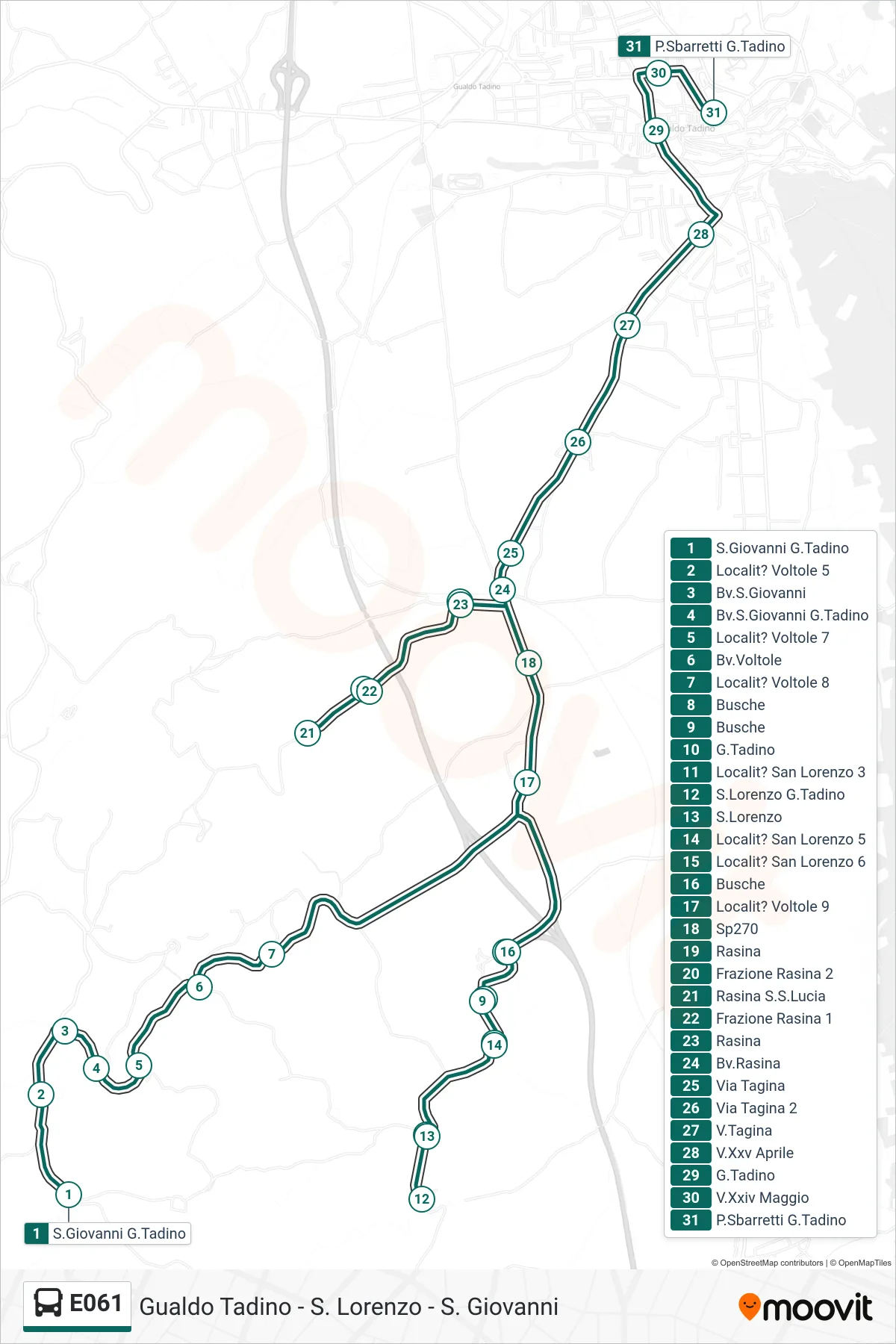 Linea E061 bus (S.Giovanni G.Tadino→P.Sbarretti G.Tadino) - Percorsi e fermate sulla mappa