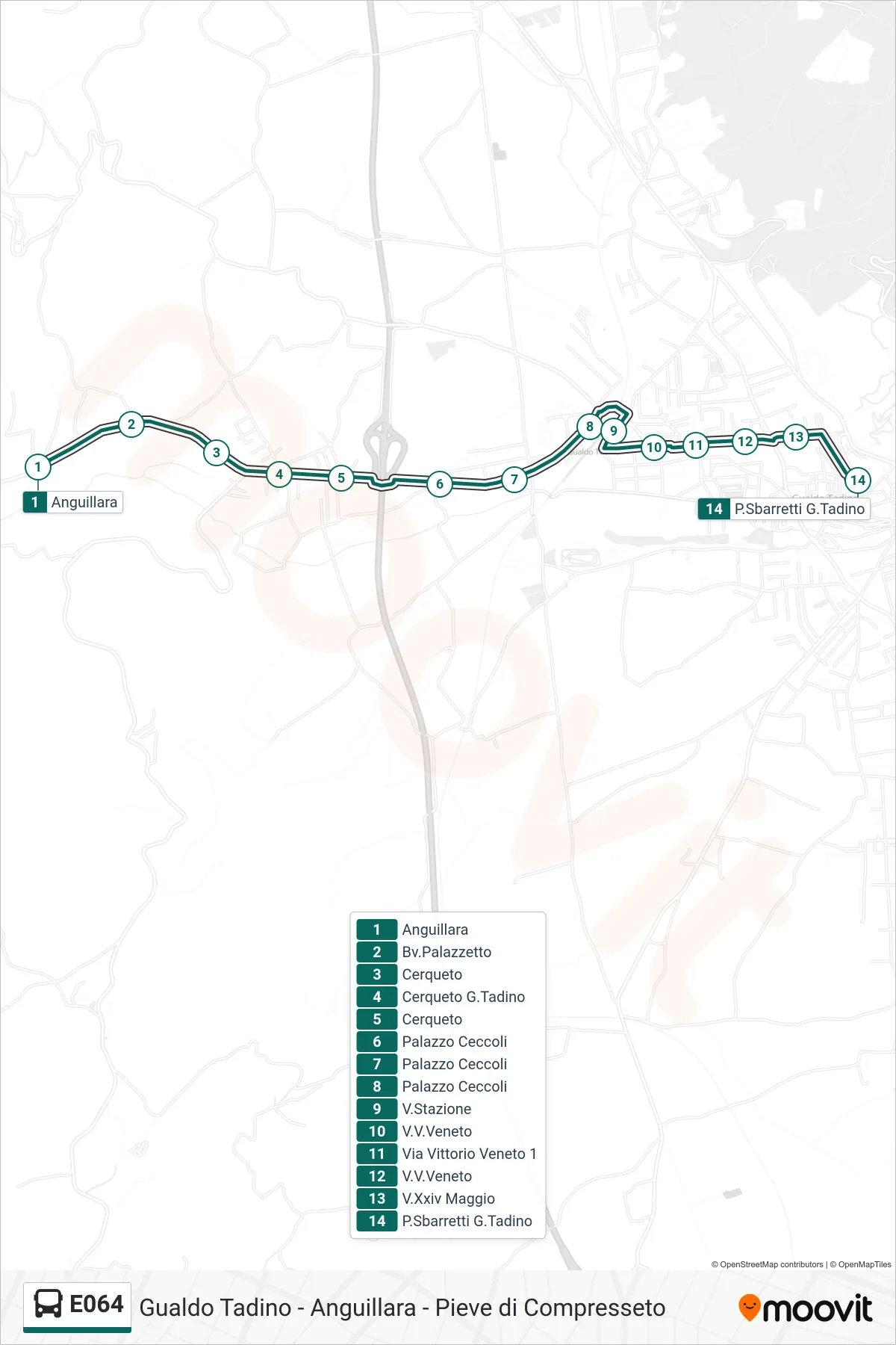 Linea E064 bus (Anguillara→P.Sbarretti G.Tadino) - Percorsi e fermate sulla mappa