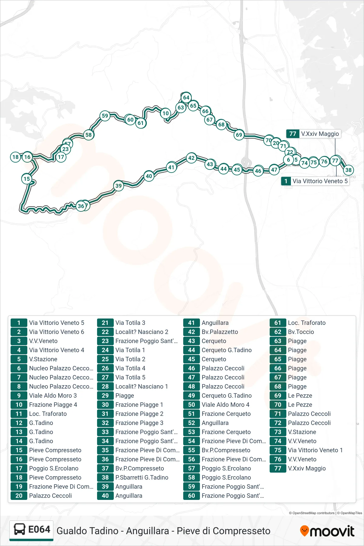Linea E064 bus (P.Sbarretti G.Tadino→P.Sbarretti G.Tadino) - Percorsi e fermate sulla mappa