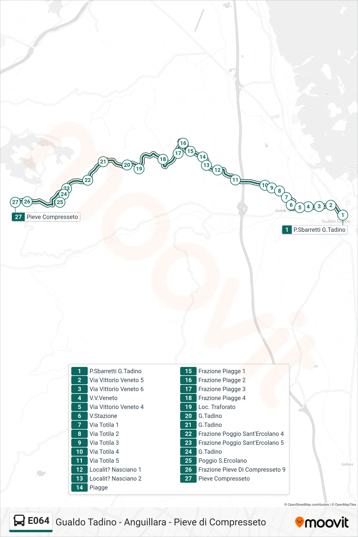 Linea E064 bus (P.Sbarretti G.Tadino→Pieve Compresseto) - Percorsi e fermate sulla mappa