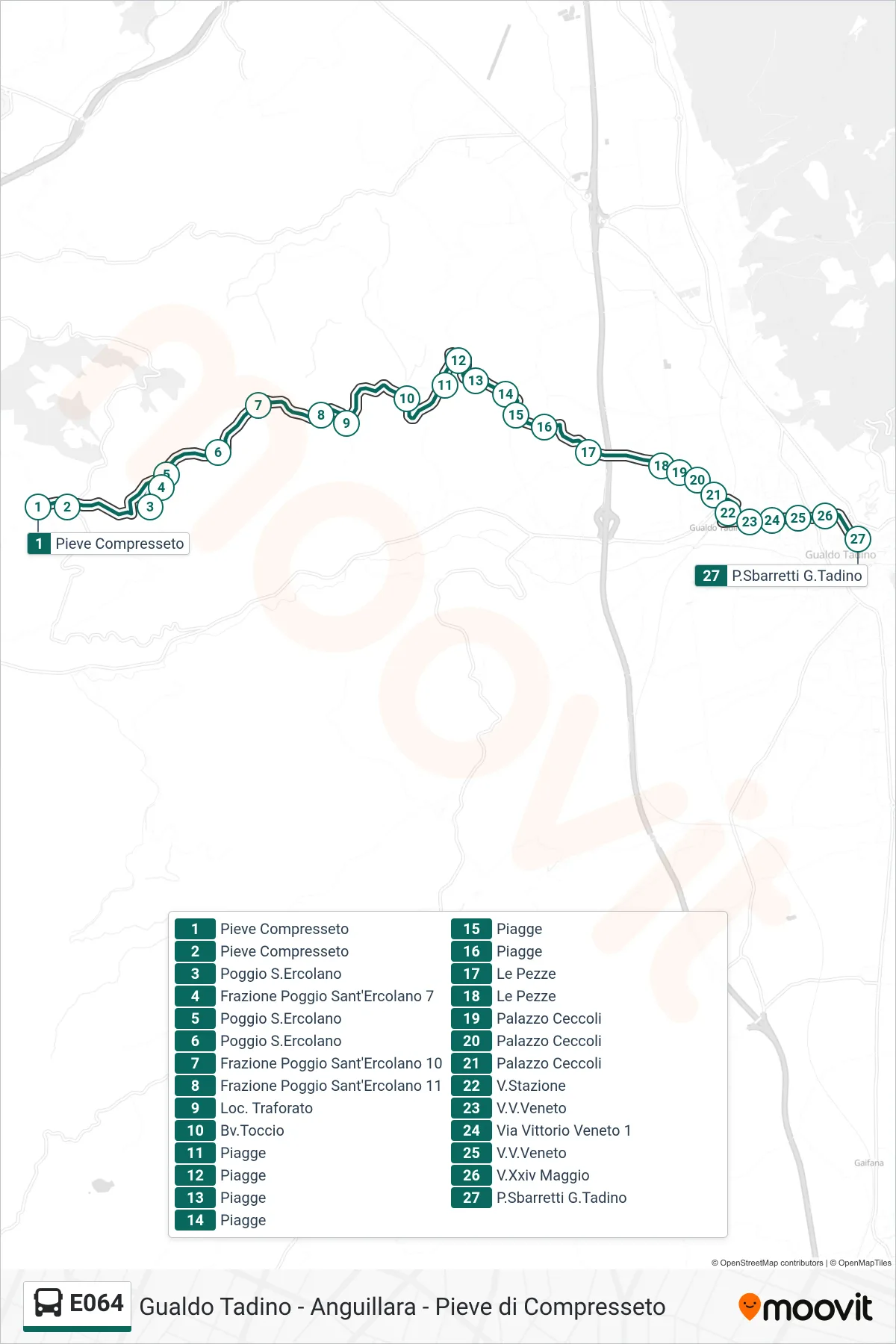 Linea E064 bus (Pieve Compresseto→P.Sbarretti G.Tadino) - Percorsi e fermate sulla mappa