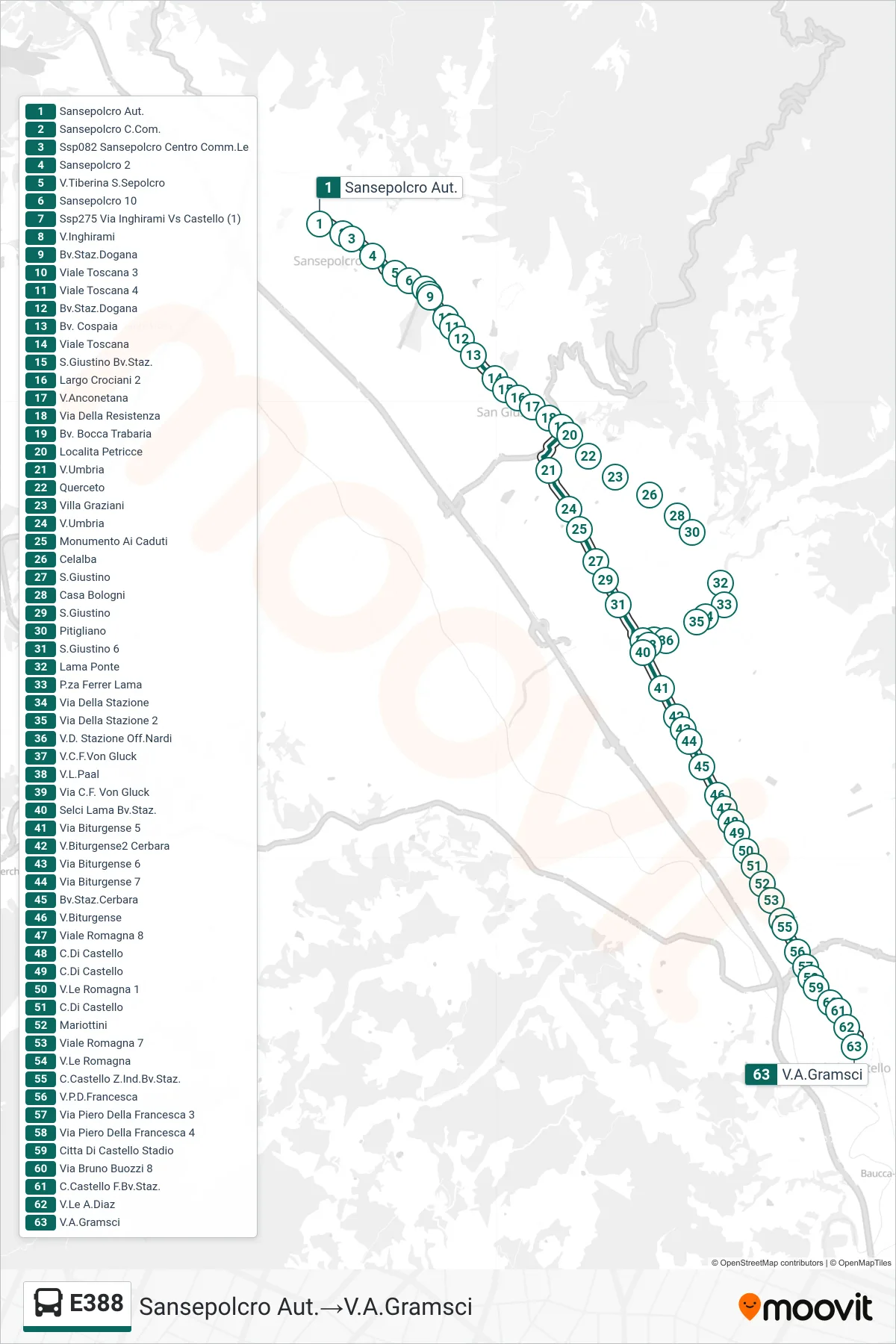 Linea E388 bus (Sansepolcro Aut.→V.A.Gramsci) - Percorsi e fermate sulla mappa