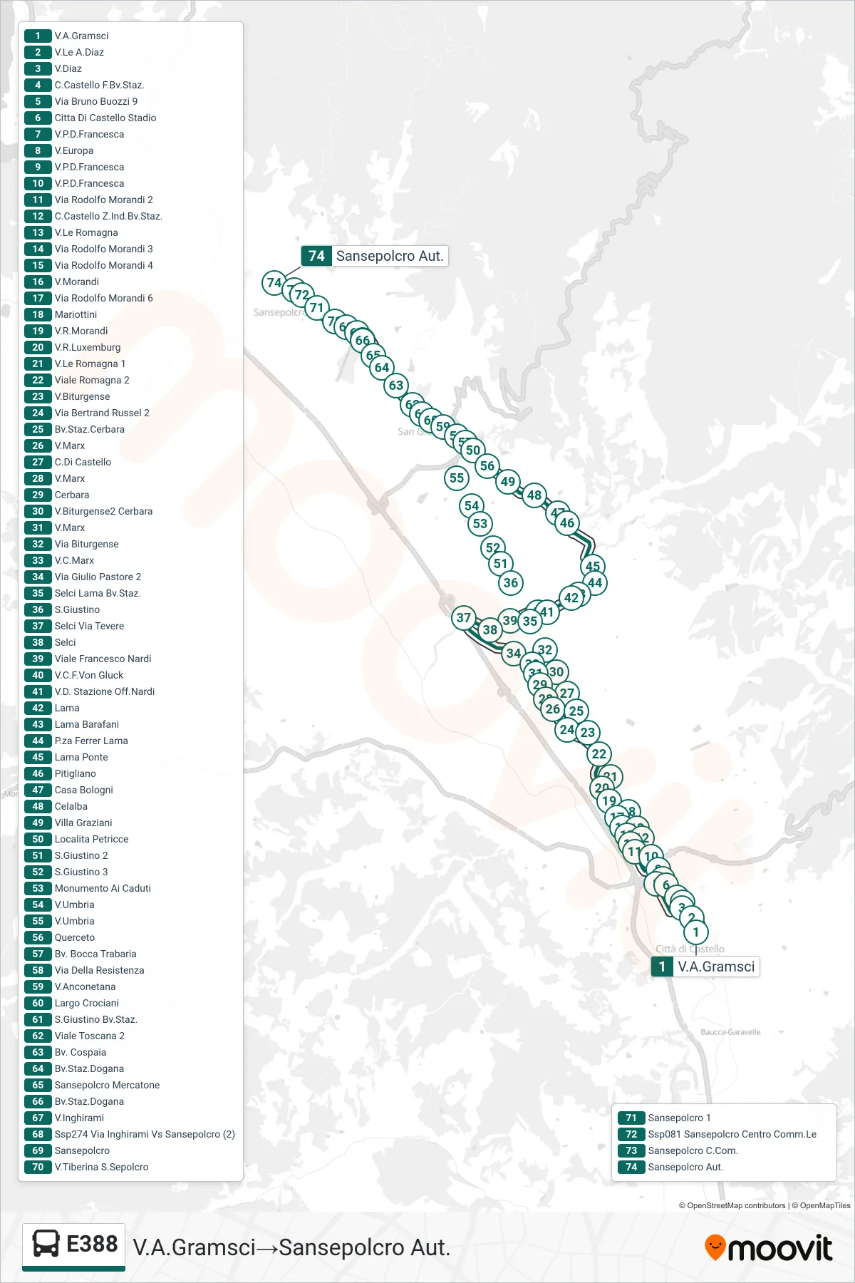 Linea E388 bus (V.A.Gramsci→Sansepolcro Aut.) - Percorsi e fermate sulla mappa