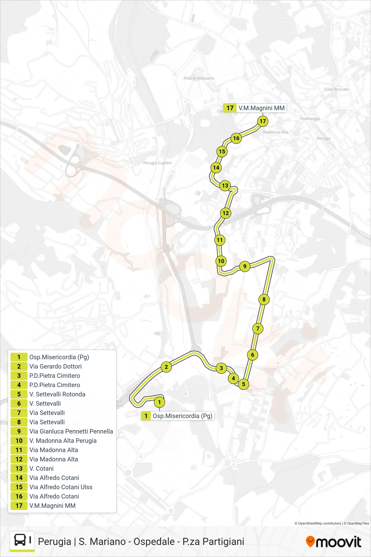 Linea I  bus (Osp.Misericordia (Pg)‎→V.M.Magnini M​M) - Percorsi e fermate sulla mappa