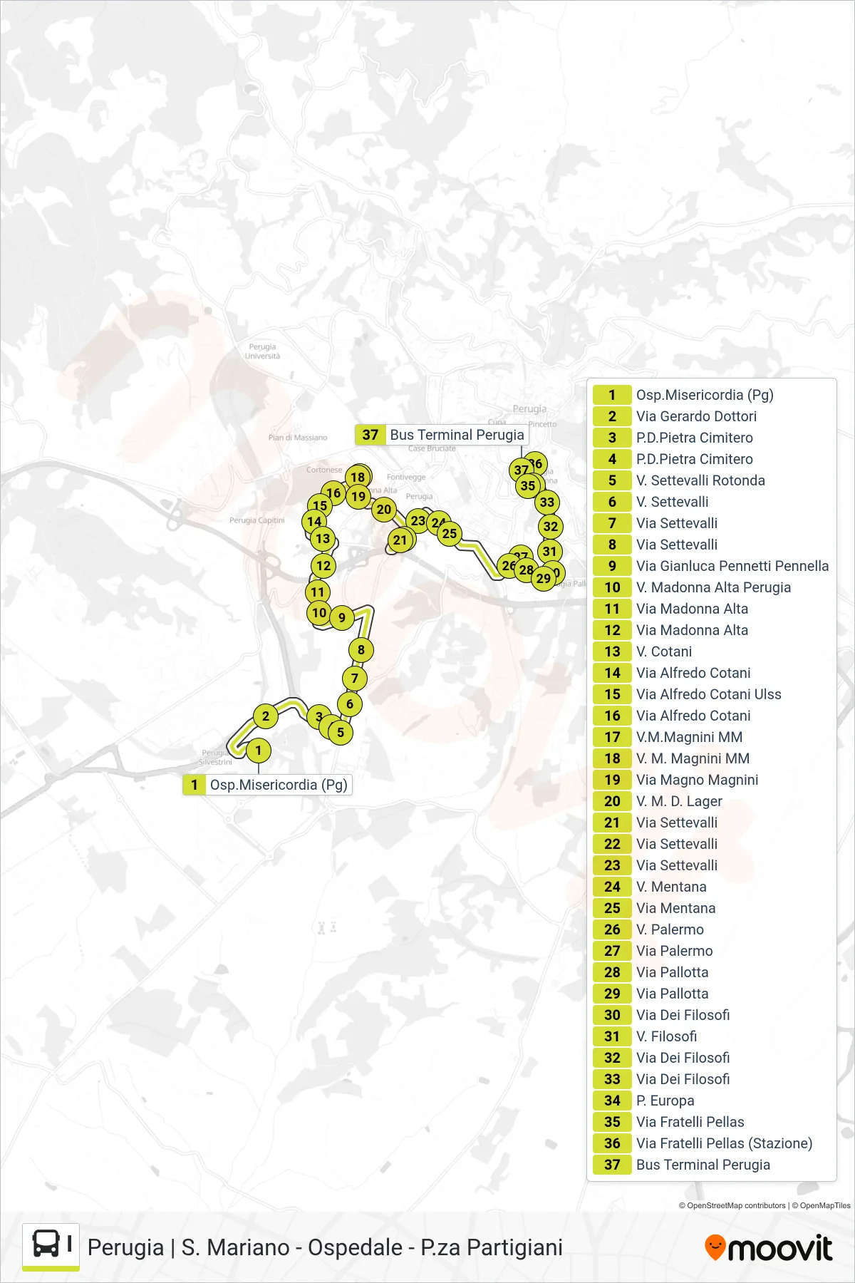 Linea I  bus (Osp.Misericordia (Pg)‎→Bus Terminal Perugia) - Percorsi e fermate sulla mappa
