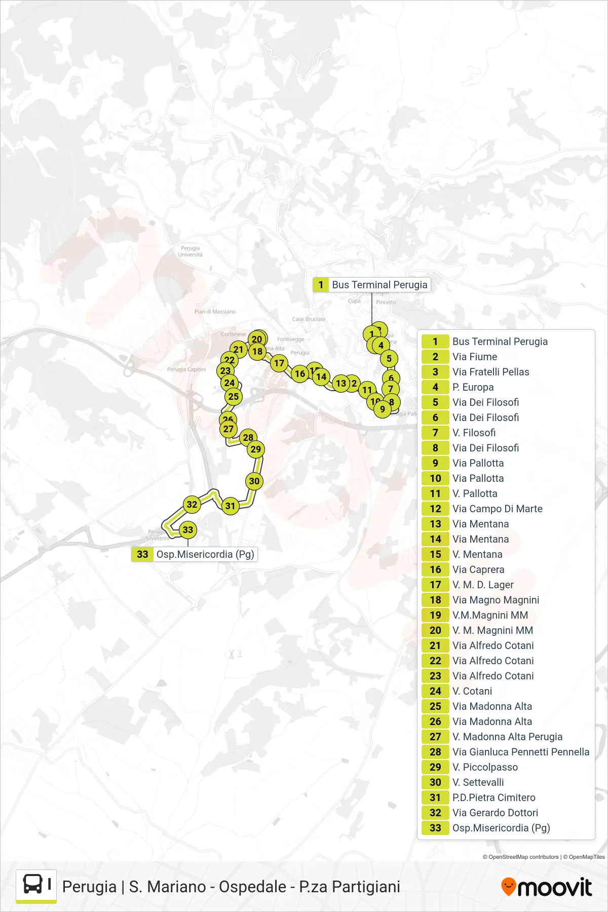Linea I bus (Bus Terminal Perugia→Osp.Misericordia (Pg)) - Percorsi e fermate sulla mappa