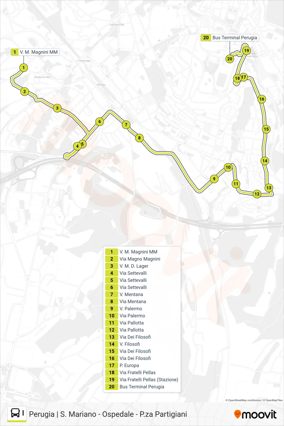 Linea I bus (V. M. Magnini MM→Bus Terminal Perugia) - Percorsi e fermate sulla mappa