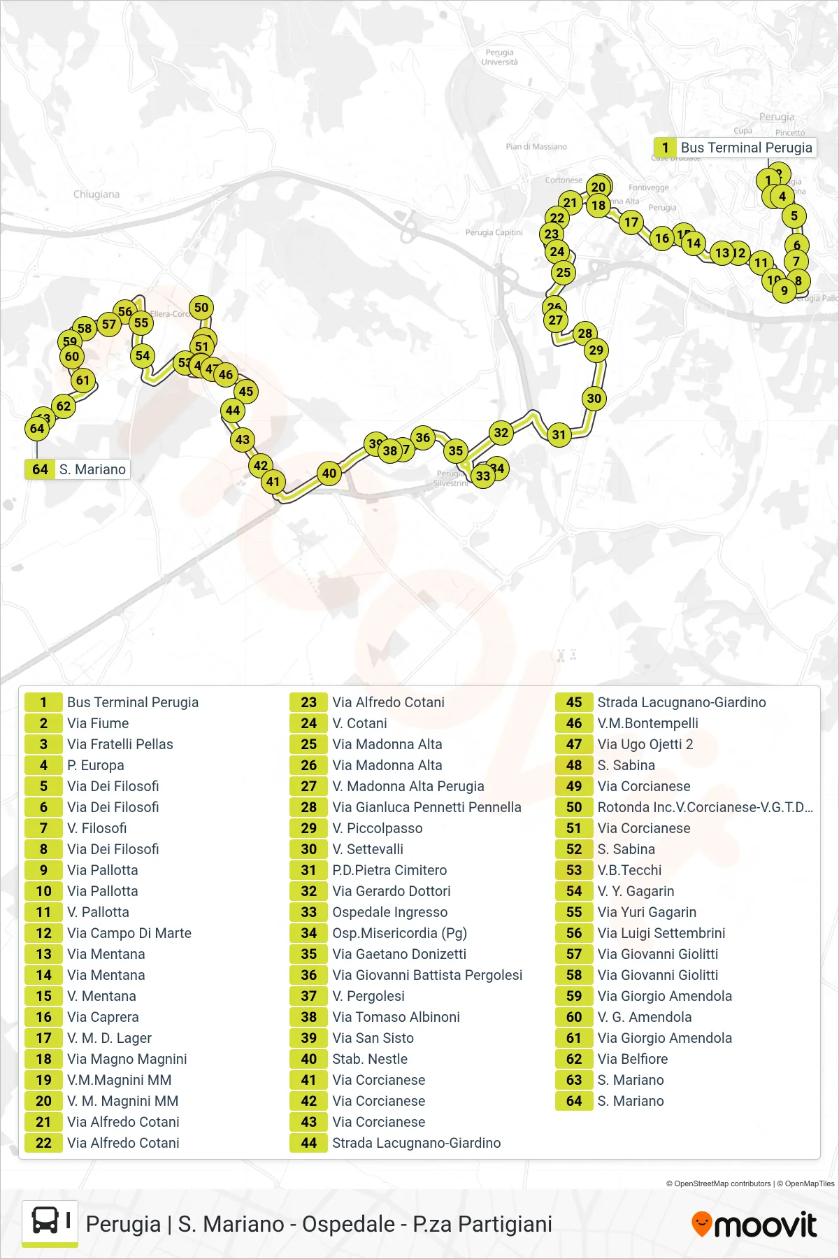 Linea I bus (Bus Terminal Perugia→S. Mariano) - Percorsi e fermate sulla mappa