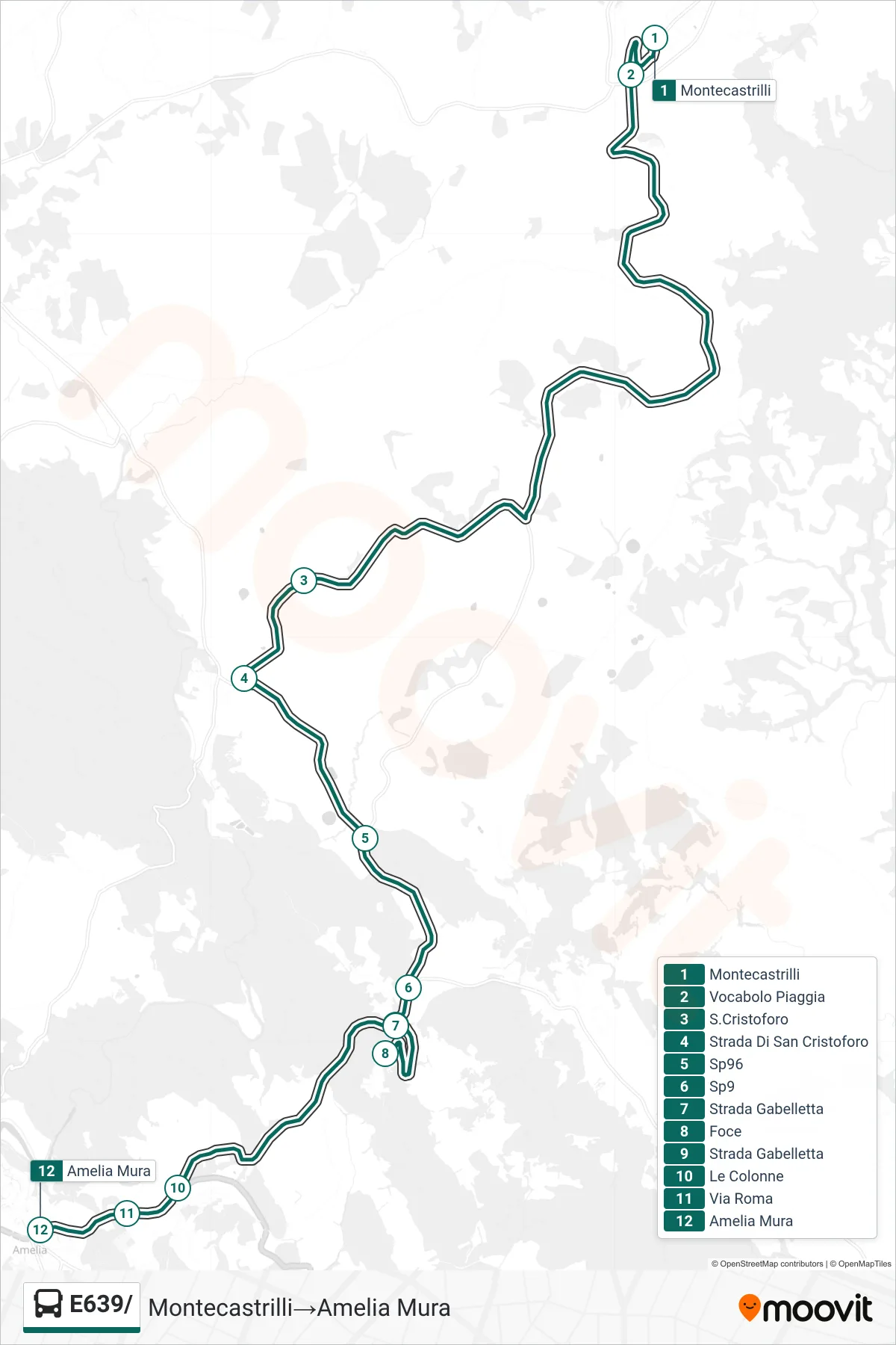Linea E639/ bus (Montecastrilli→Amelia Mura) - Percorsi e fermate sulla mappa