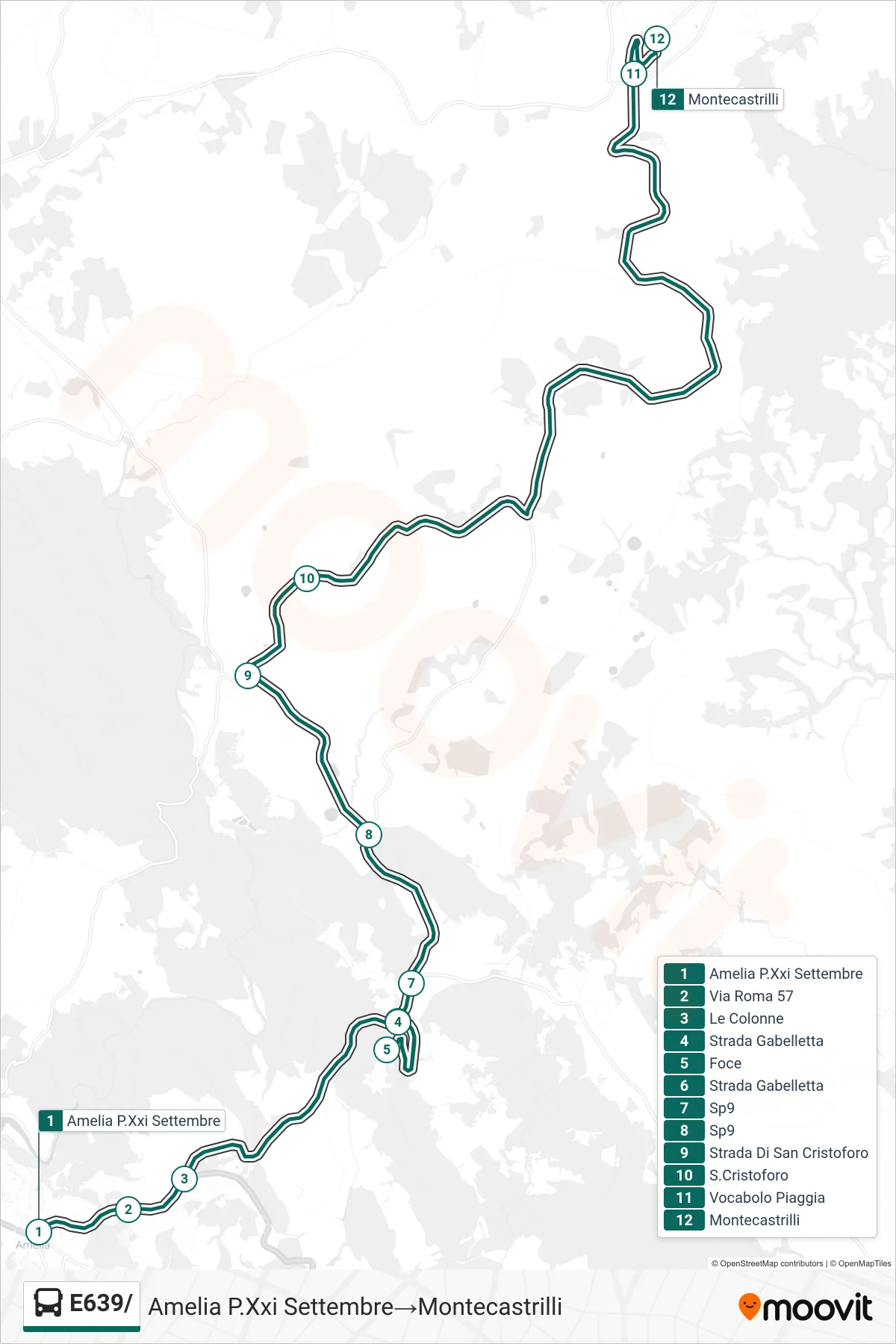 Linea E639/ bus (Amelia P.Xxi Settembre→Montecastrilli) - Percorsi e fermate sulla mappa