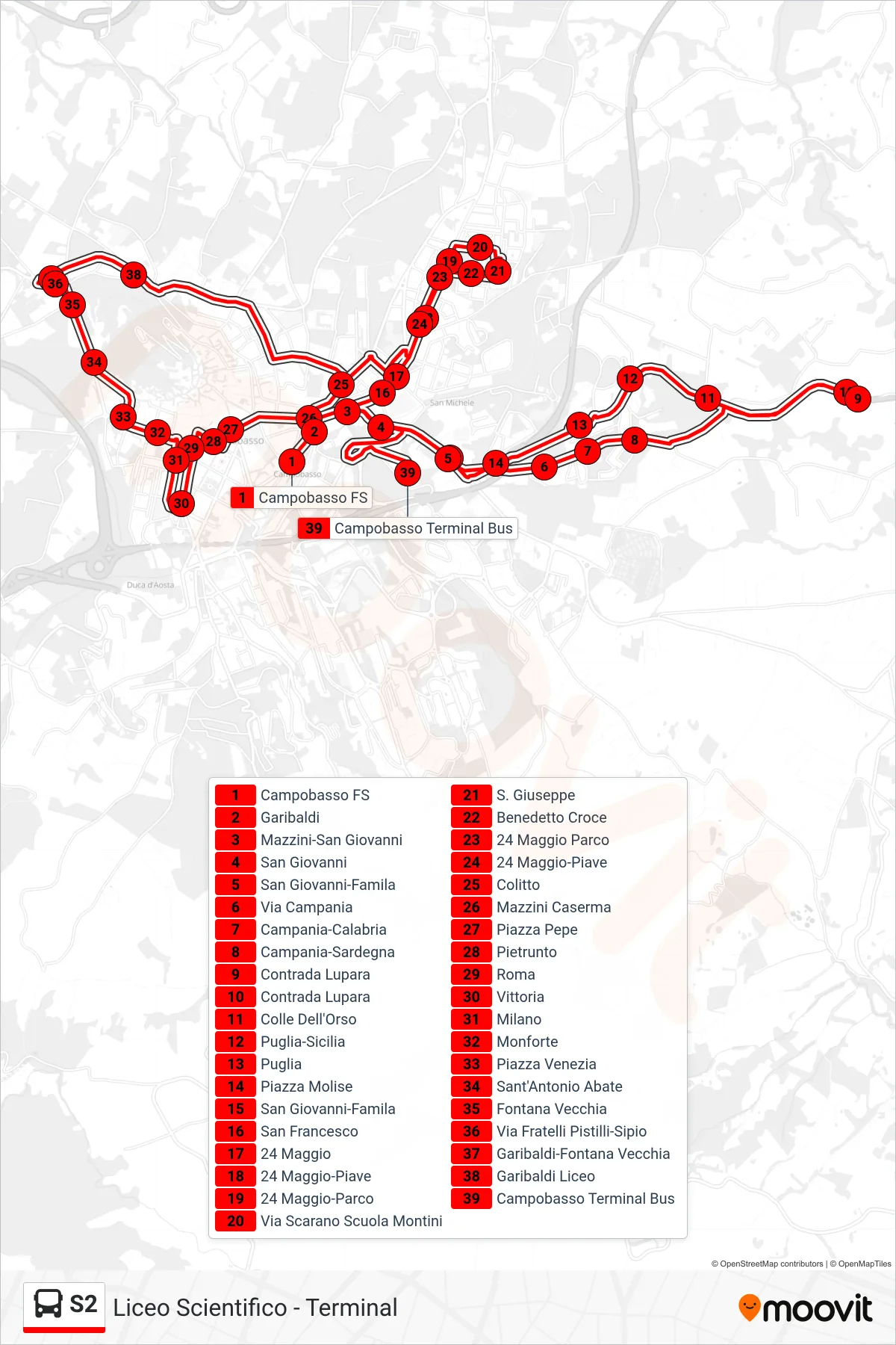 Linea S2 bus (Liceo Scientifico - Terminal) - Percorsi e fermate sulla mappa