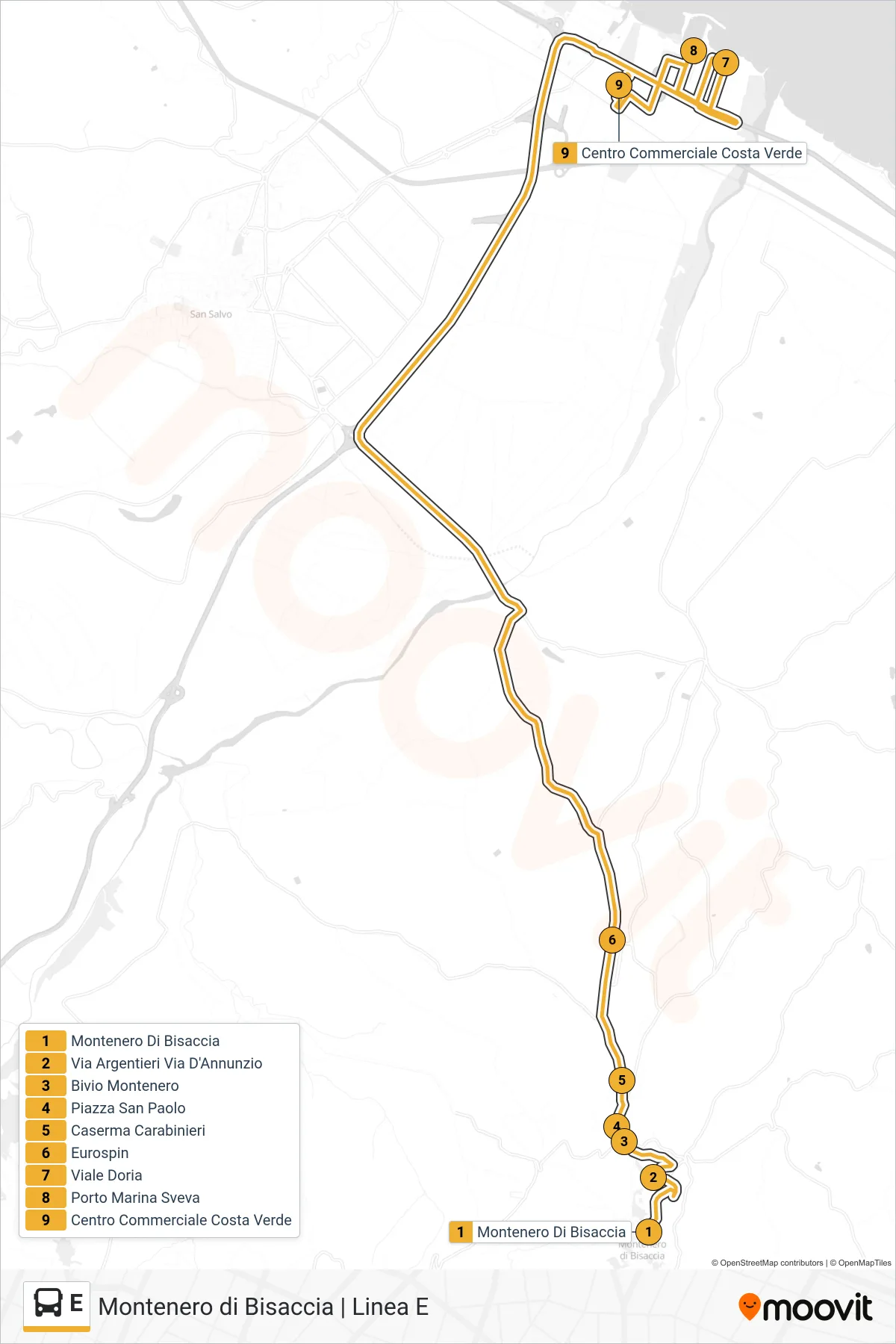 E bus Line (Costa Verde Shopping Center) route and stops on a map