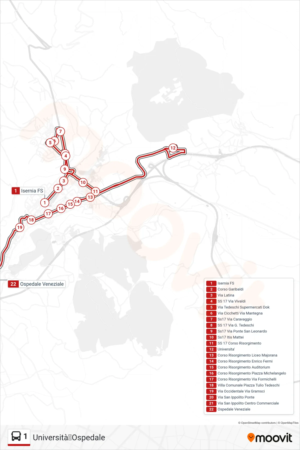 Linea 1 bus (Università➡Ospedale) - Percorsi e fermate sulla mappa