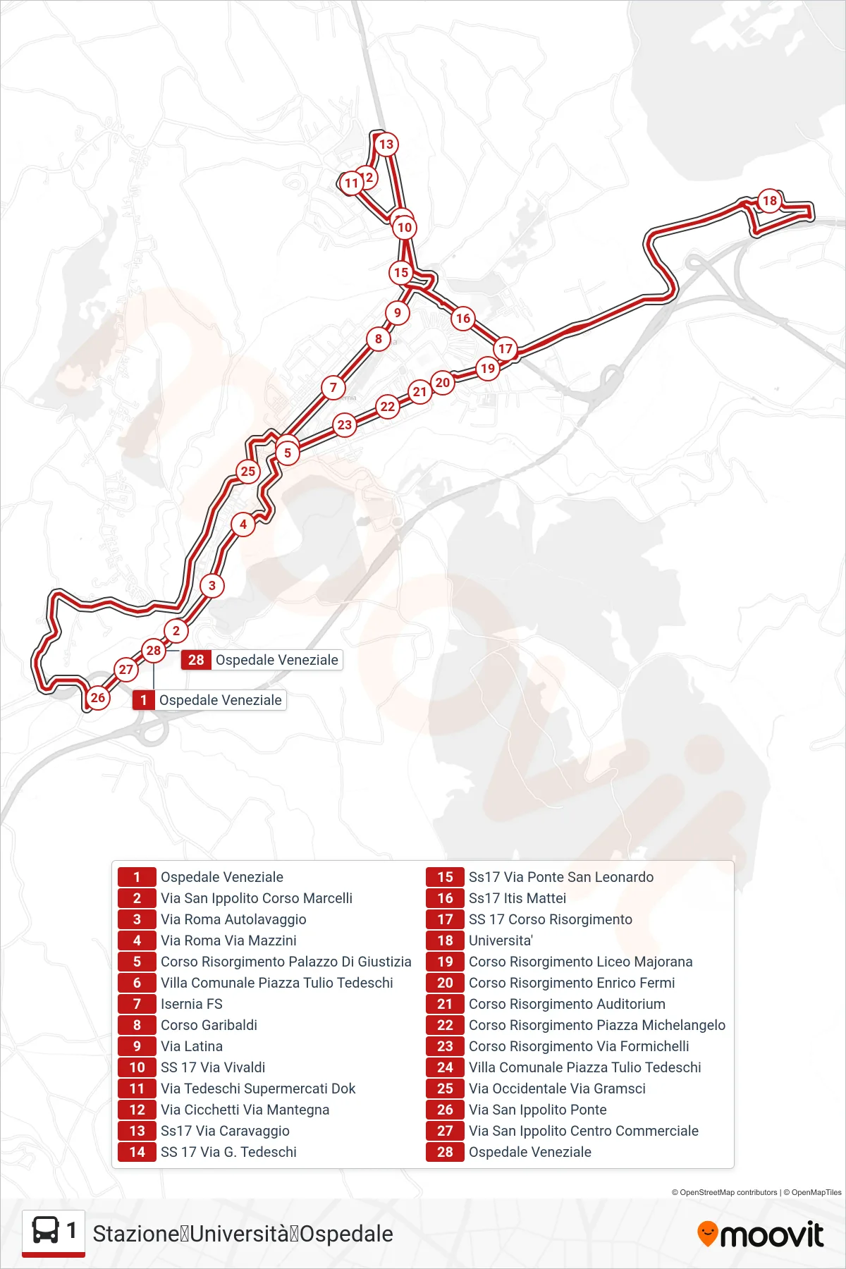 Linea 1 bus (Stazione➡Università➡Ospedale) - Percorsi e fermate sulla mappa