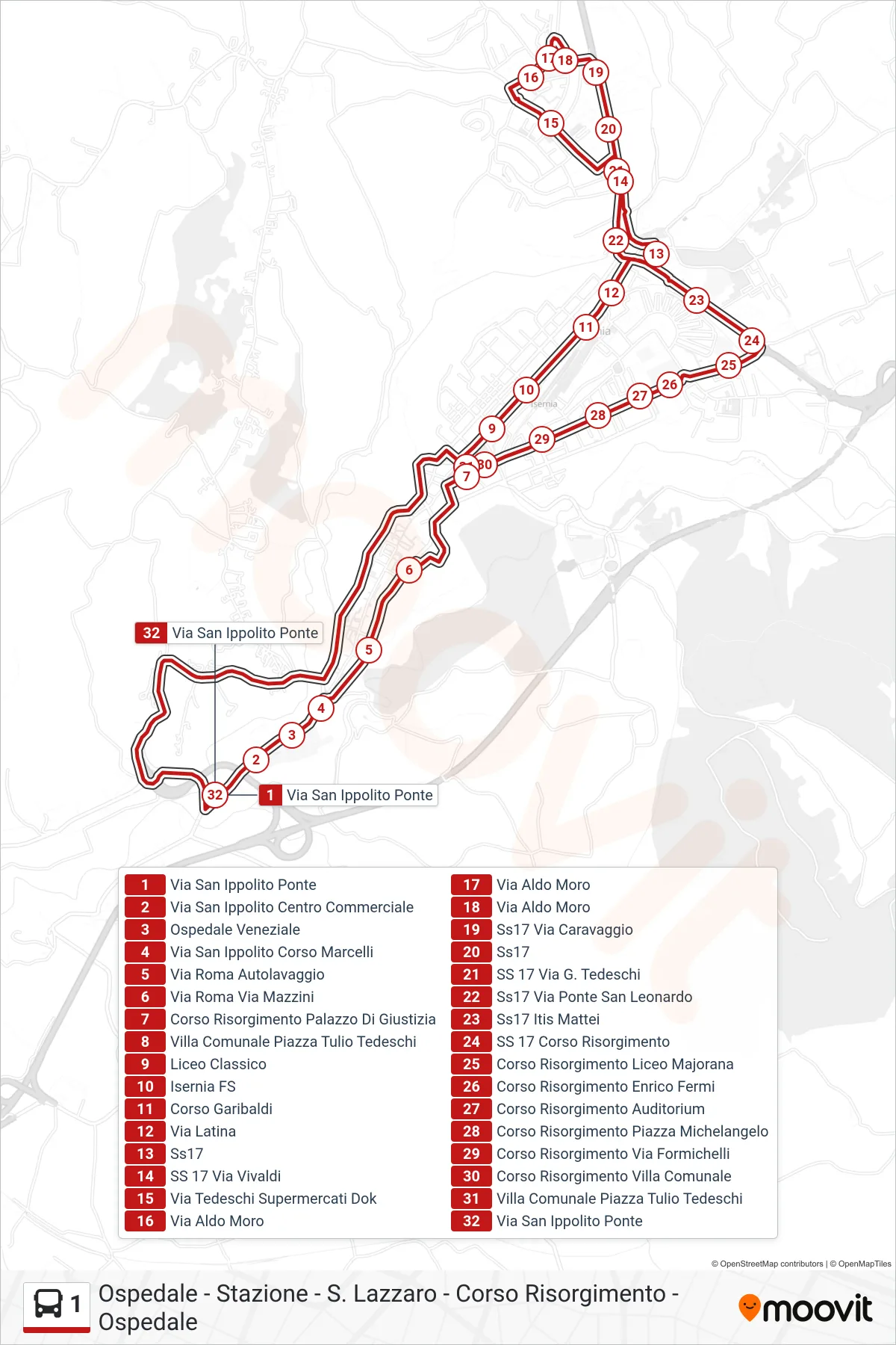 Linea 1  bus (Ospedale - Stazione - S. Lazzaro - Corso Risorgimento - Ospedale) - Percorsi e fermate sulla mappa