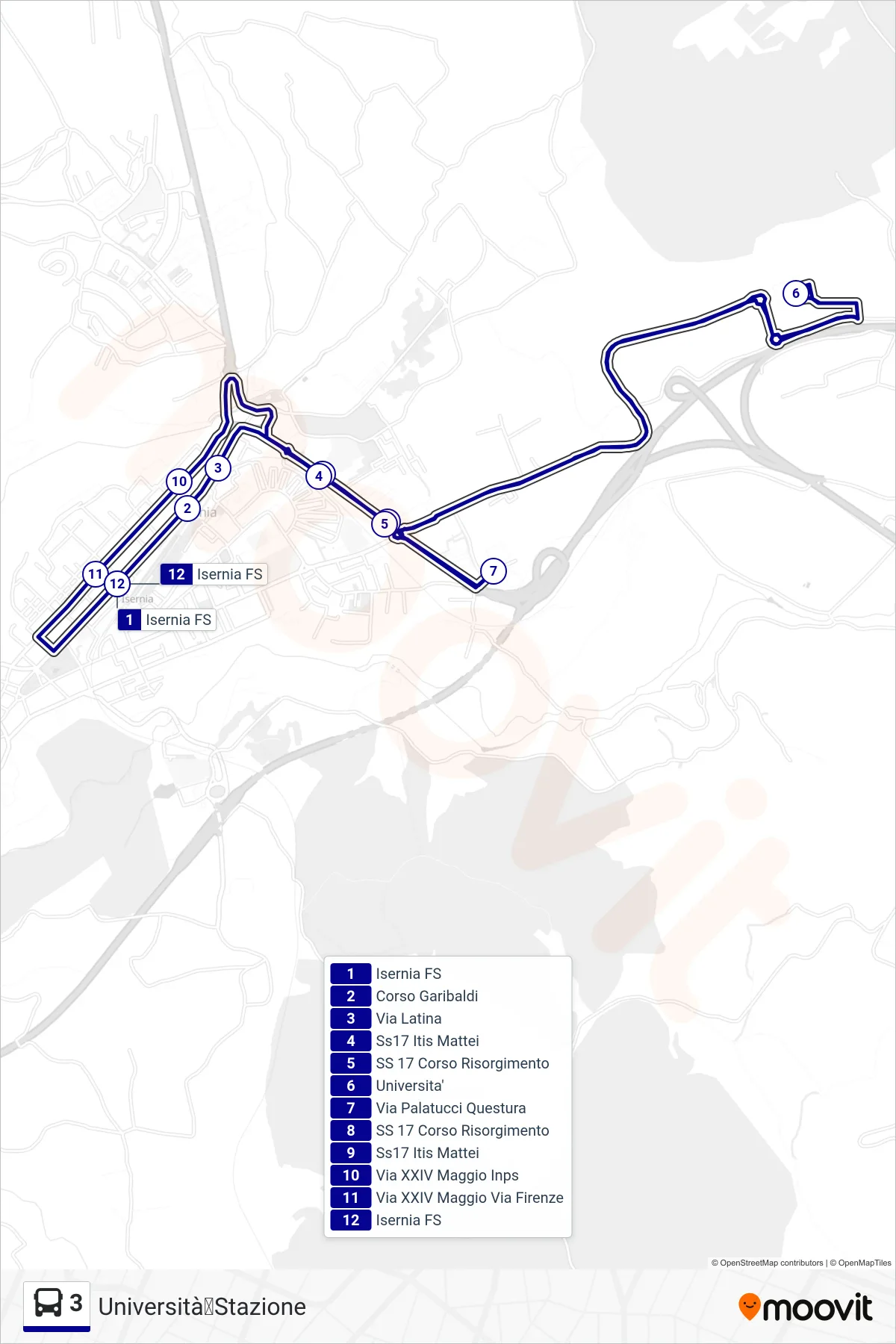 Linea 3 bus (Università➡Stazione) - Percorsi e fermate sulla mappa