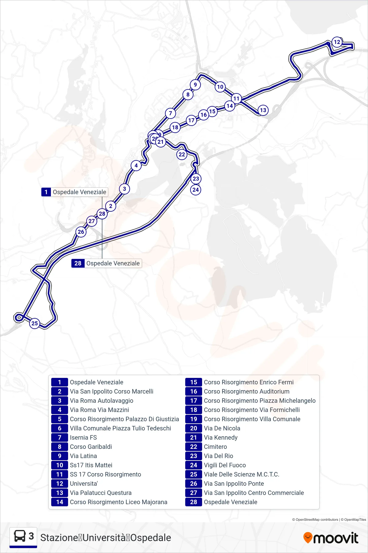 Linea 3  bus (Stazione➡Università➡Ospedale) - Percorsi e fermate sulla mappa