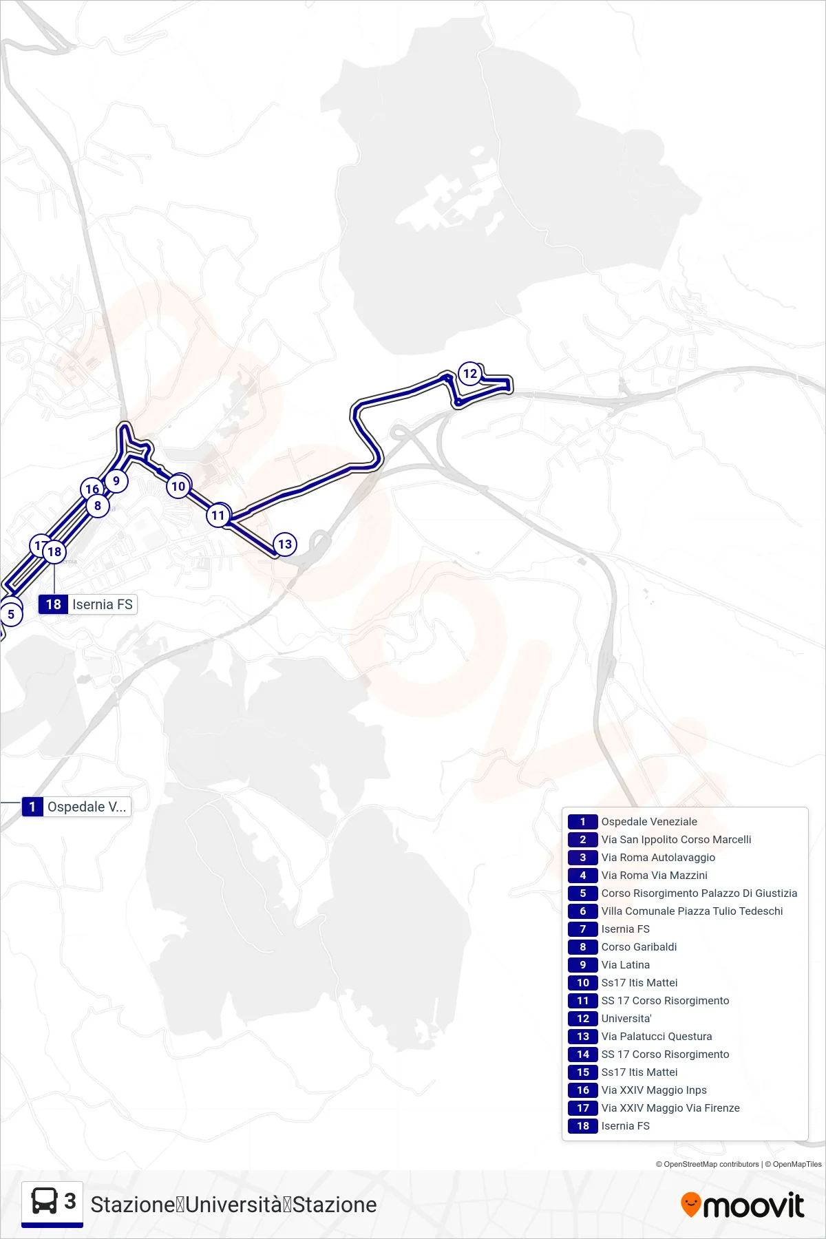 Linea 3  bus (Stazione➡Università➡Stazione) - Percorsi e fermate sulla mappa